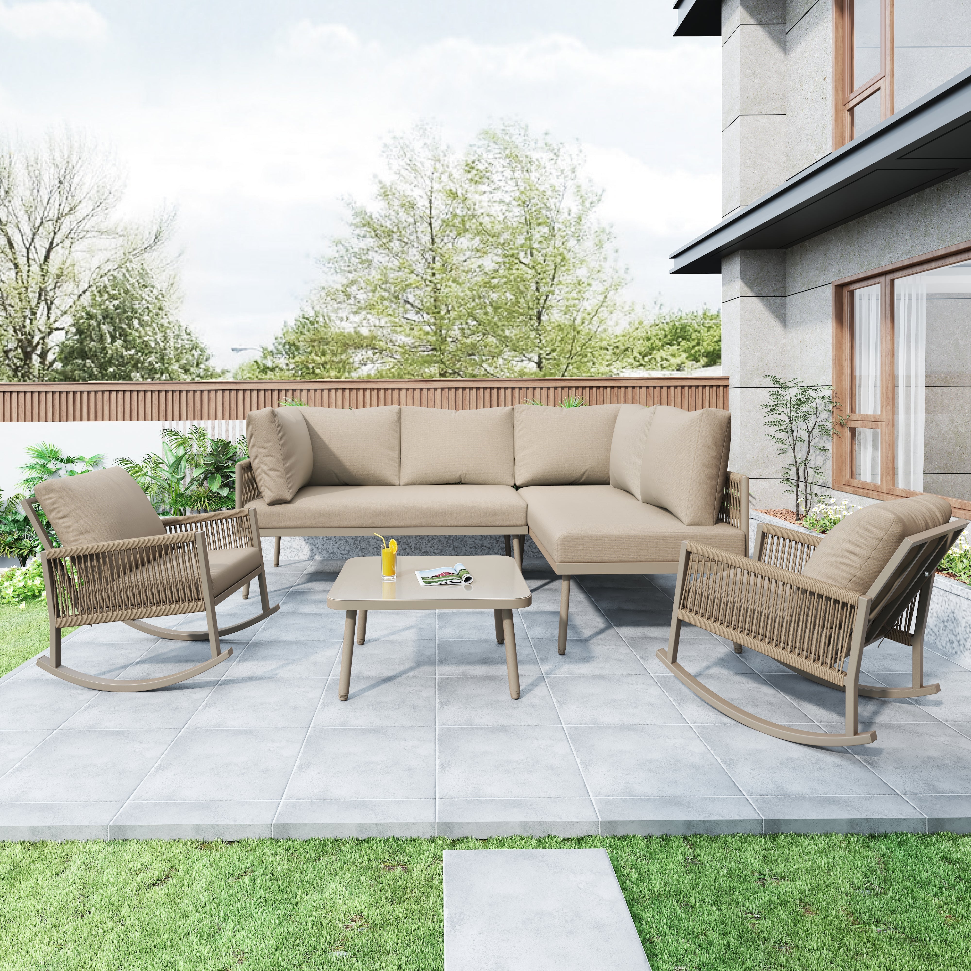 Modular Garden Furniture Set with Rocking Chairs, Corner Sofa and Side Table, Rope Weave