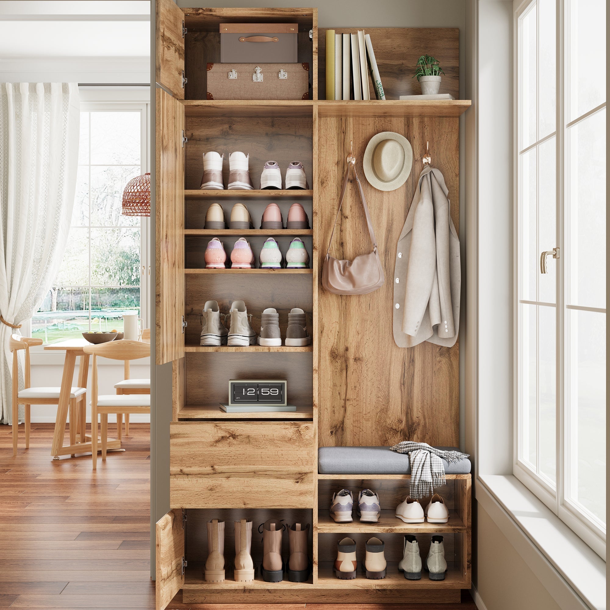 Compact Wardrobe with Mirror, Bench, Shoe Cabinet & Hooks, Natural MDF