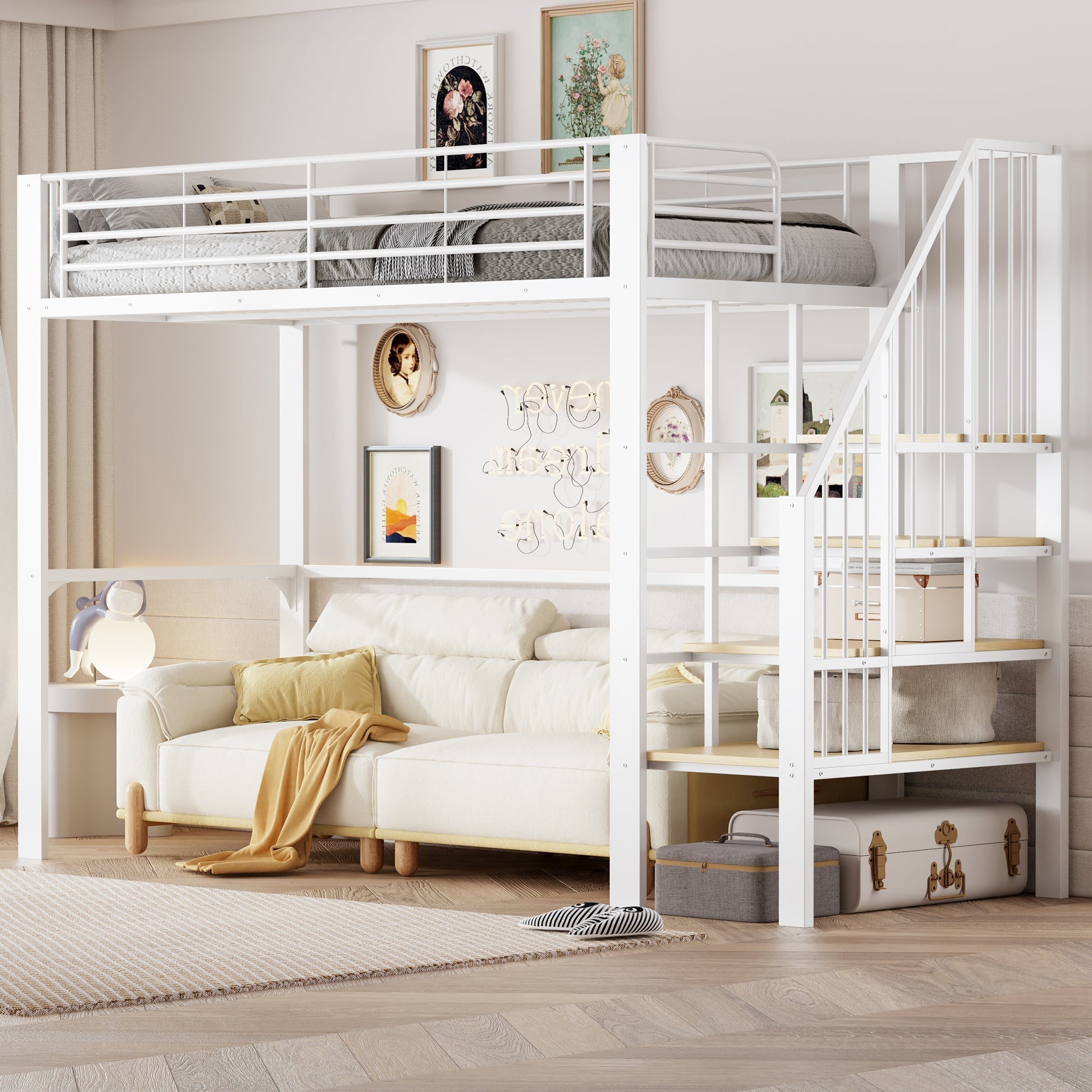 Loft Bed 90x200cm Spacious Storage Under Bed Stairs - Metal Construction