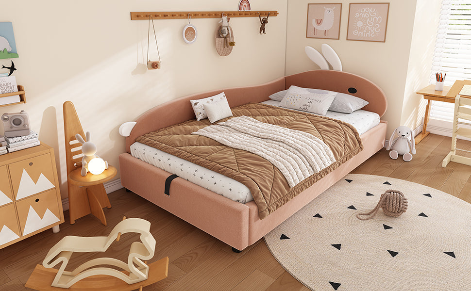 Upholstered Bed, Single Children's Hydraulic with Bunny Headboard, Velvet Pink+White