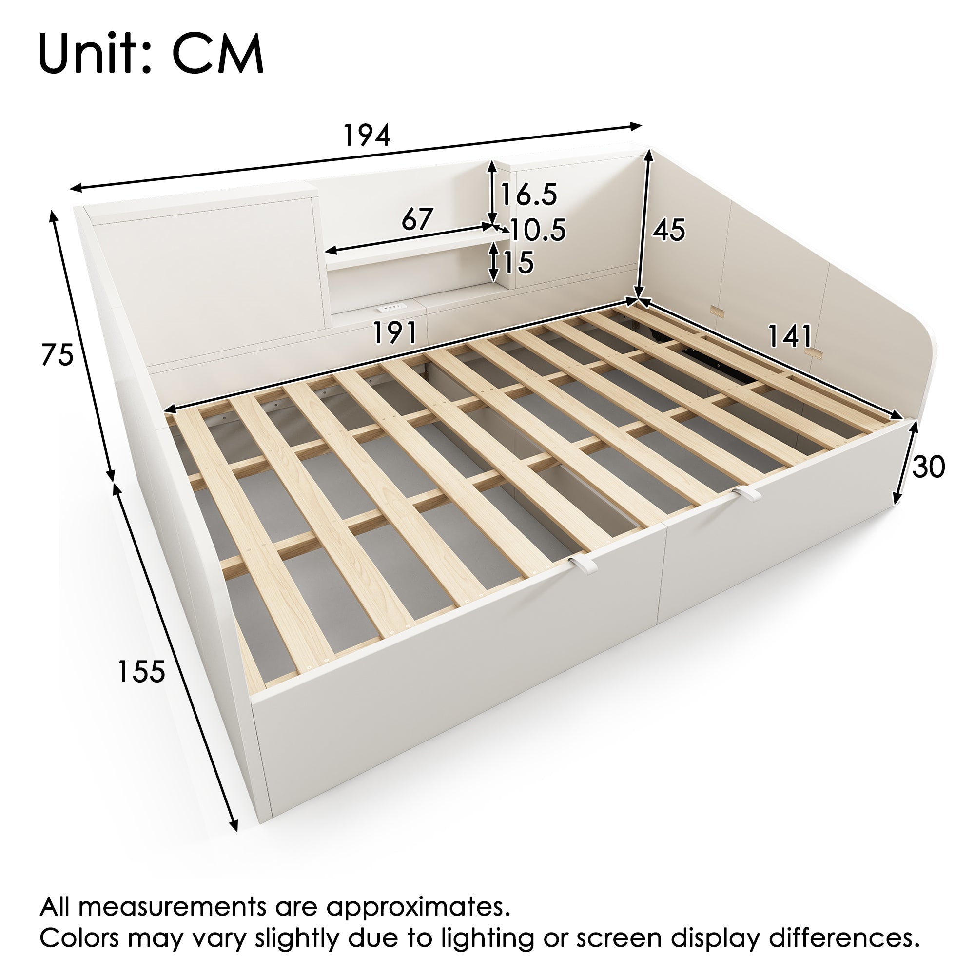 Hydraulic Daybed 140x190cm Double Bed Storage USB/Type-C Charging White Wood