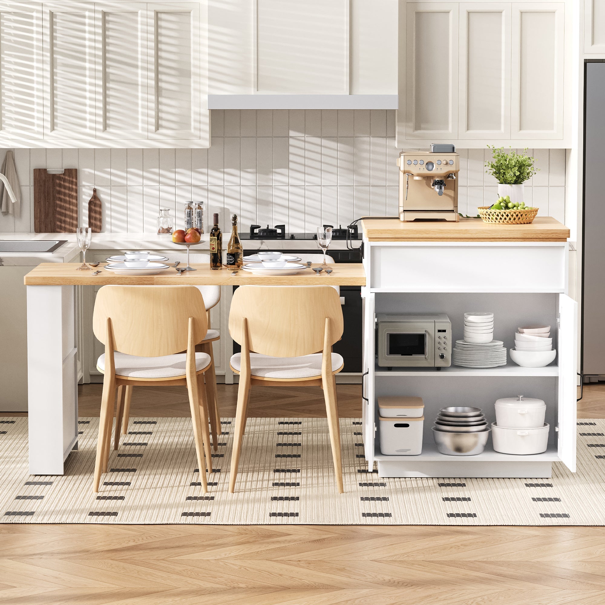 Mobile Kitchen Island Extendable Dining Table with LED & Power Strips - White