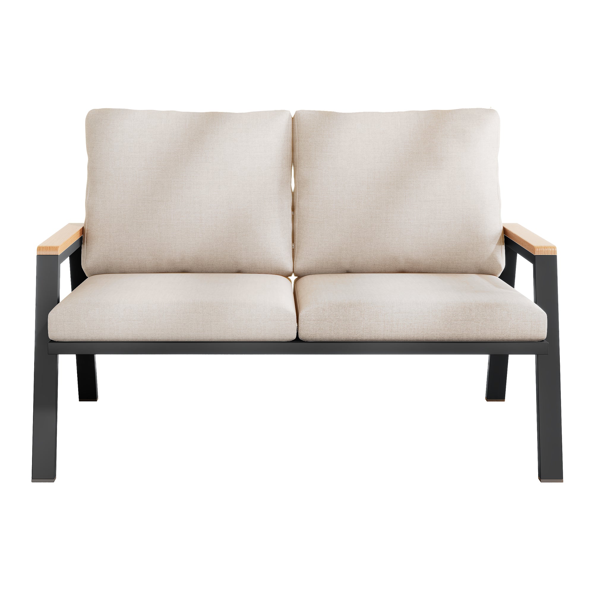 Garden Furniture Set, 2-Seater Outdoor Sofa with Wood-Plastic Composite Handrails, Grey-Beige Galvanized Steel
