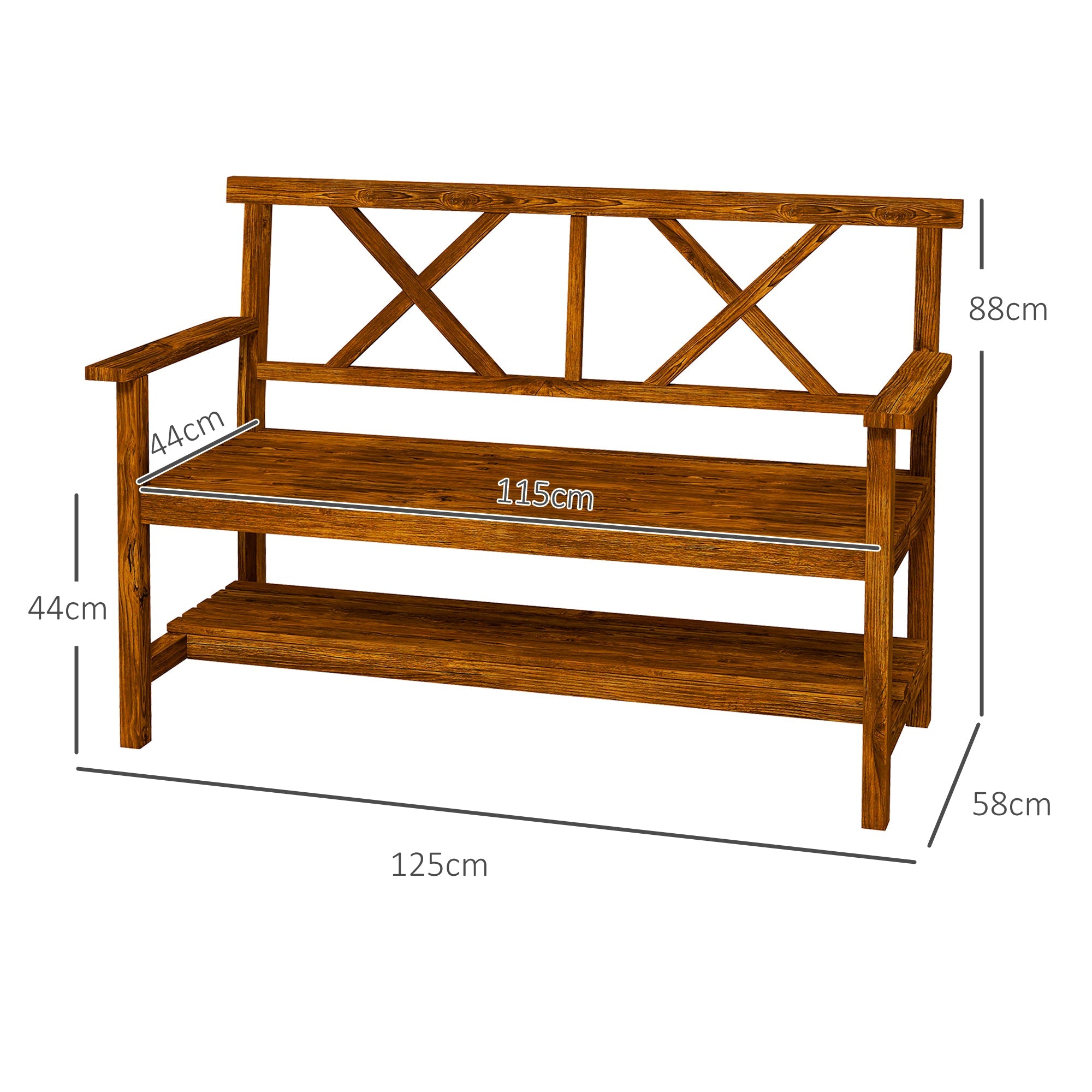Two-Seater Fir Wood Bench with Bottom Shelf, Natural