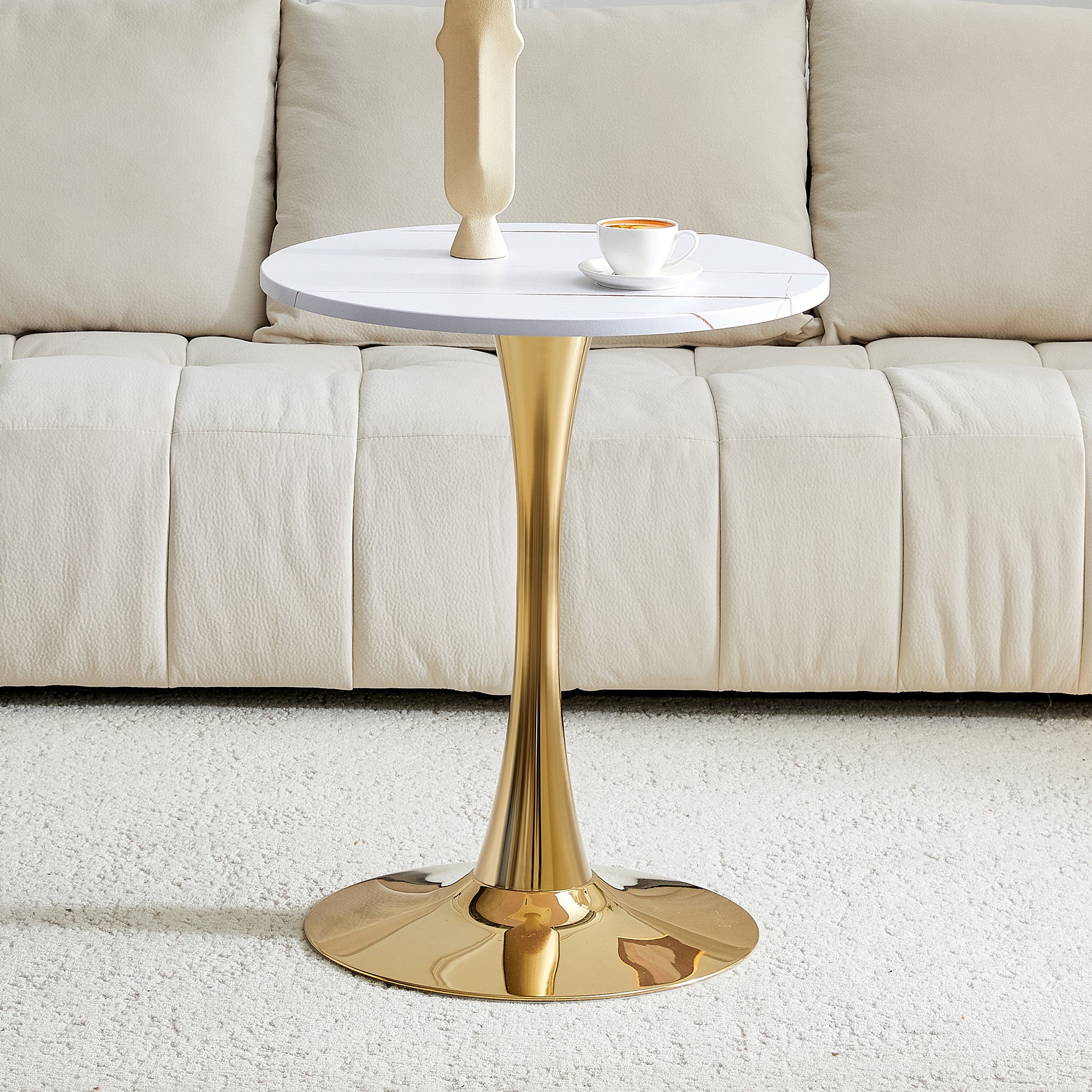 Round 60cm Side/Dining Table MDF Golden Leg White Grain