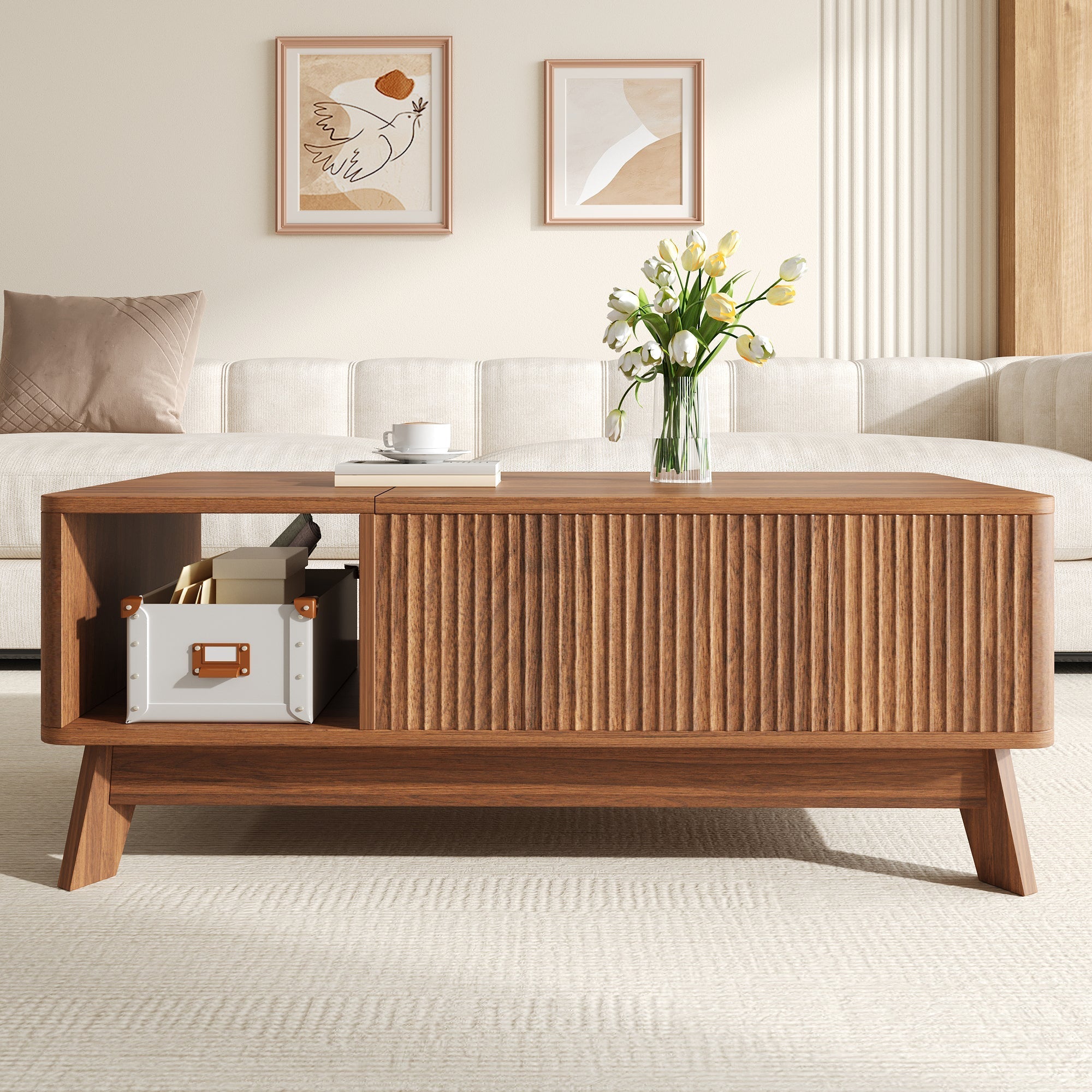 Coffee Table with Lifting Mechanism, Wave Design and Side Compartment, MDF Material