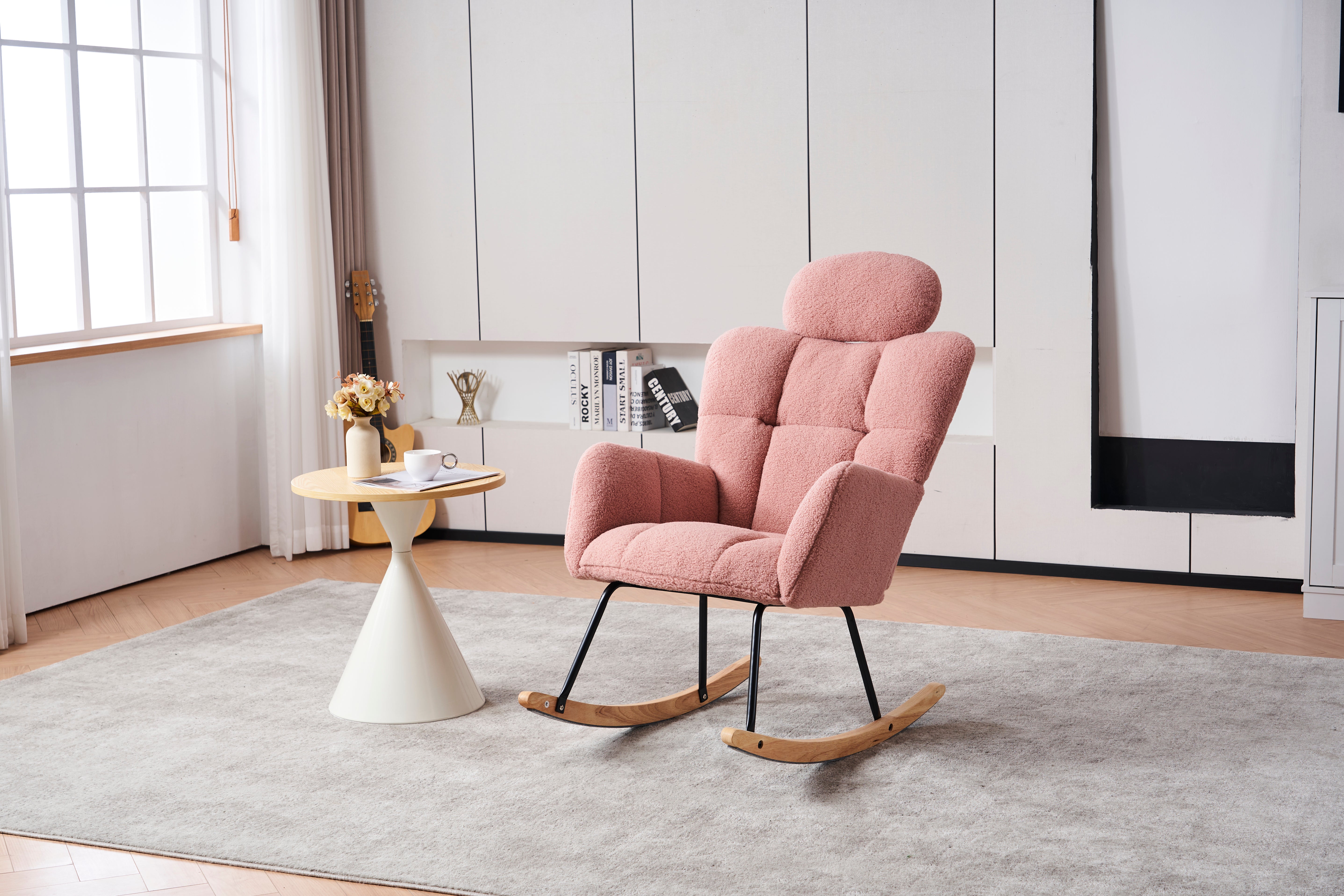 Rocking Chair 055, Tufted Upholstered, Pink Teddy Fabric