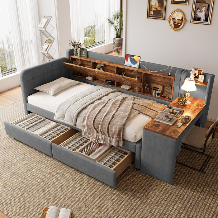 Daybed with Desk and USB Charging, 2 Drawers and Storage Compartments, Grey Linen