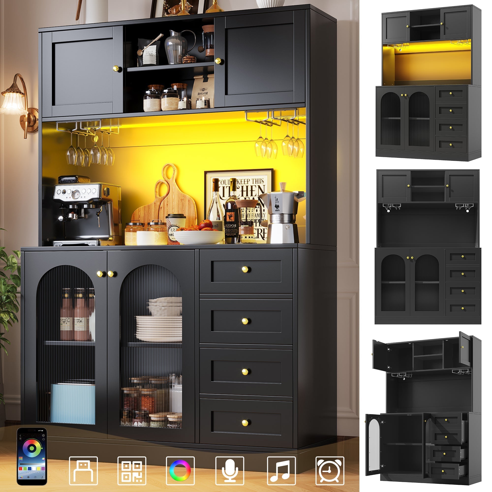 Sideboard Buffet Cabinet with 4 Doors, LED Light and Drink Holders, Black and White