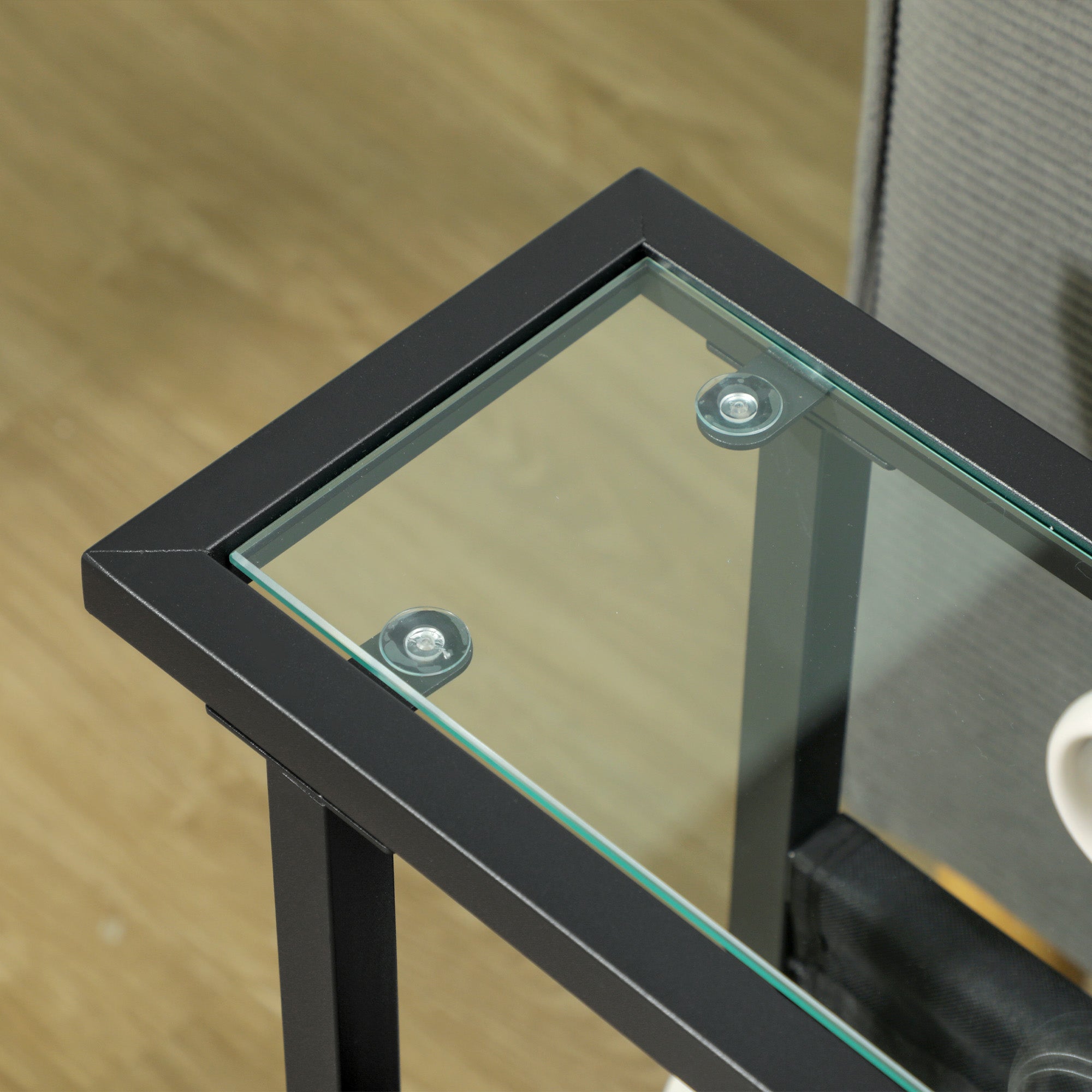 Side Table Coffee Table with Fabric Bag, Glass Top, Metal, Black