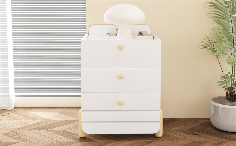 Bedside Table with 3 Drawers, Silent Design, Wood Feet, White