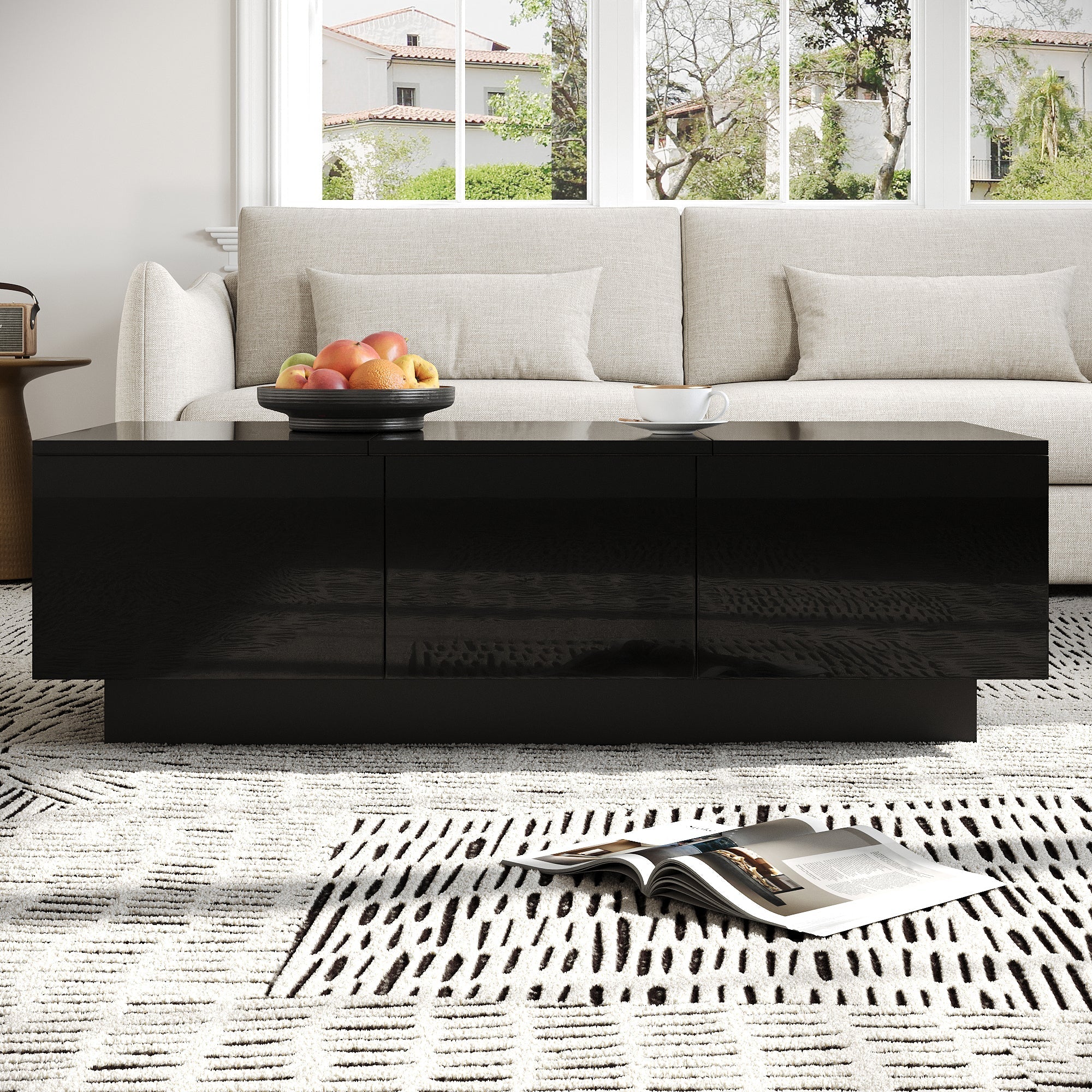 Coffee Table Modern Rectangular High-Gloss with Drawers Sliding Compartment Black