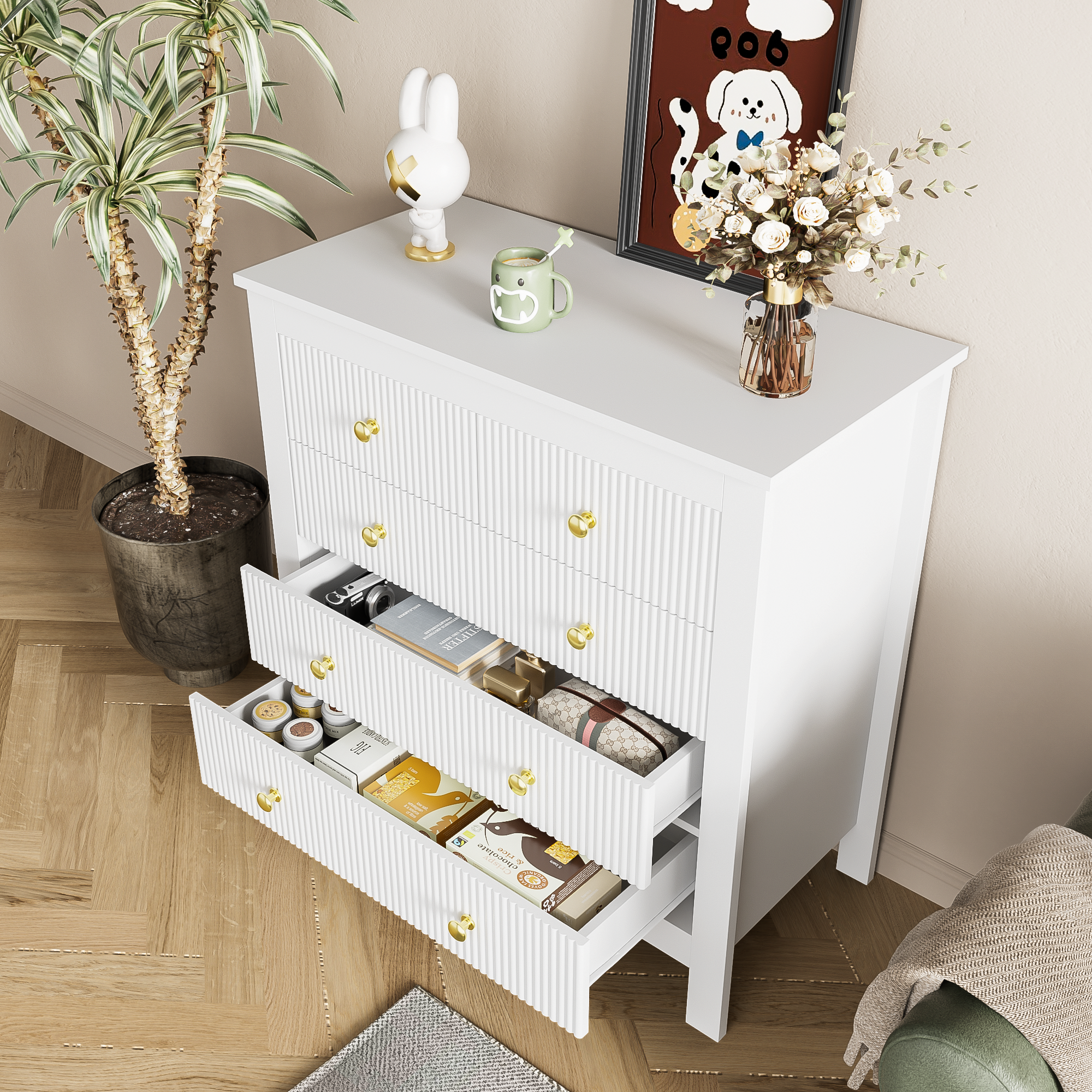 Sideboard, chest of drawers with special doors, gold handles
