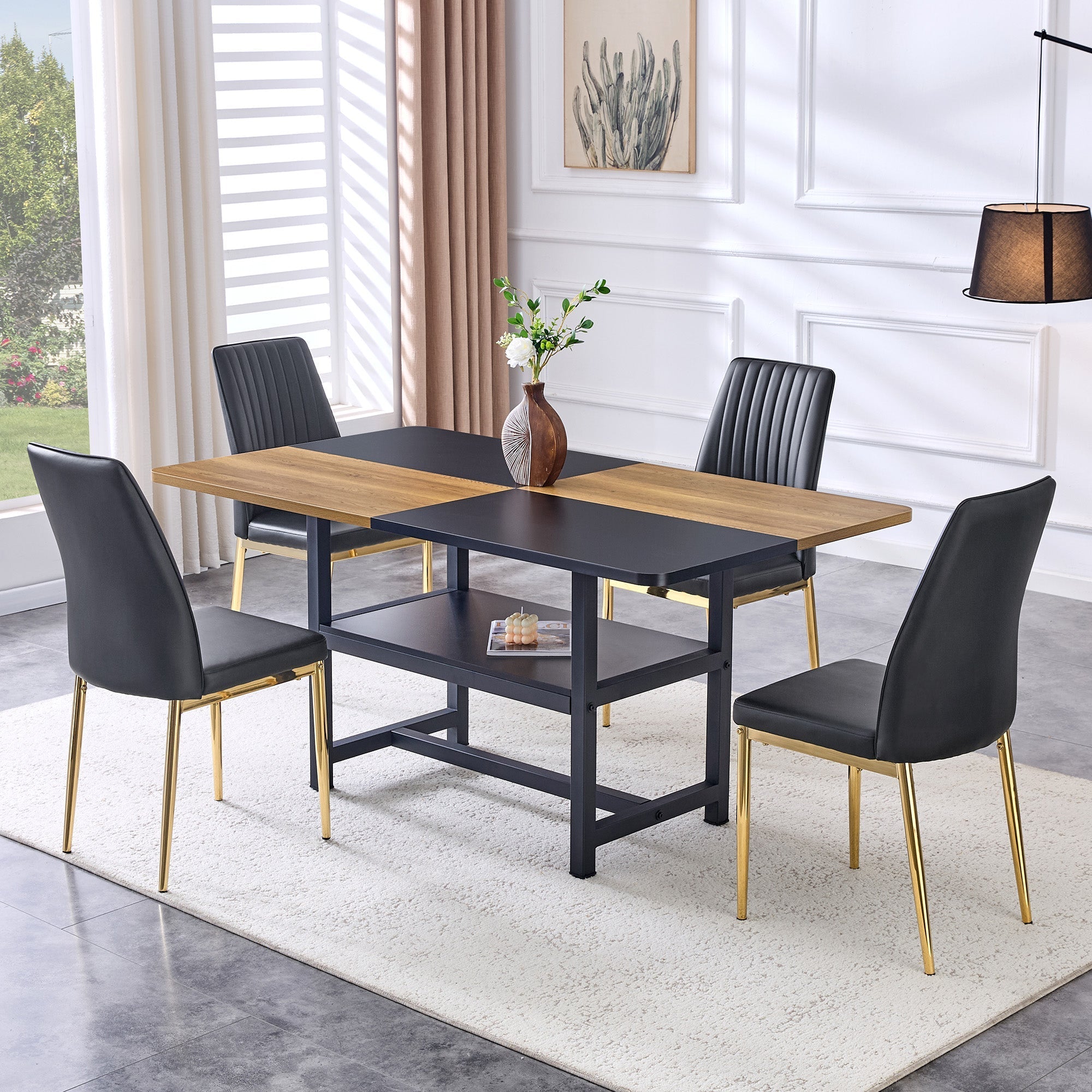 Dining Table Set Modern Minimalist Round Glass Table 4 Chairs - Faux Leather Black