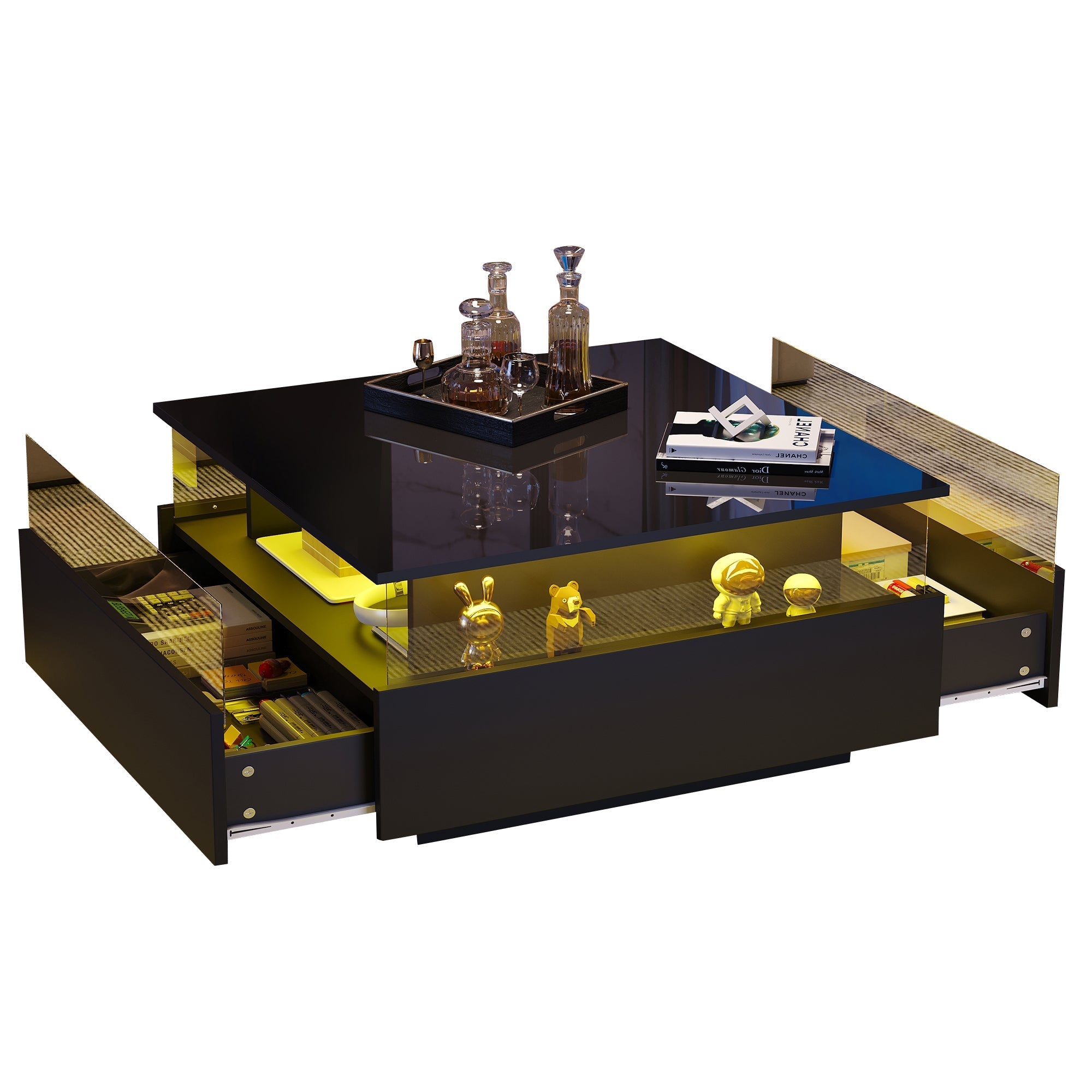 Coffee Table with Storage, Modern LED Coffee Table with 2 Sliding Drawers, Black