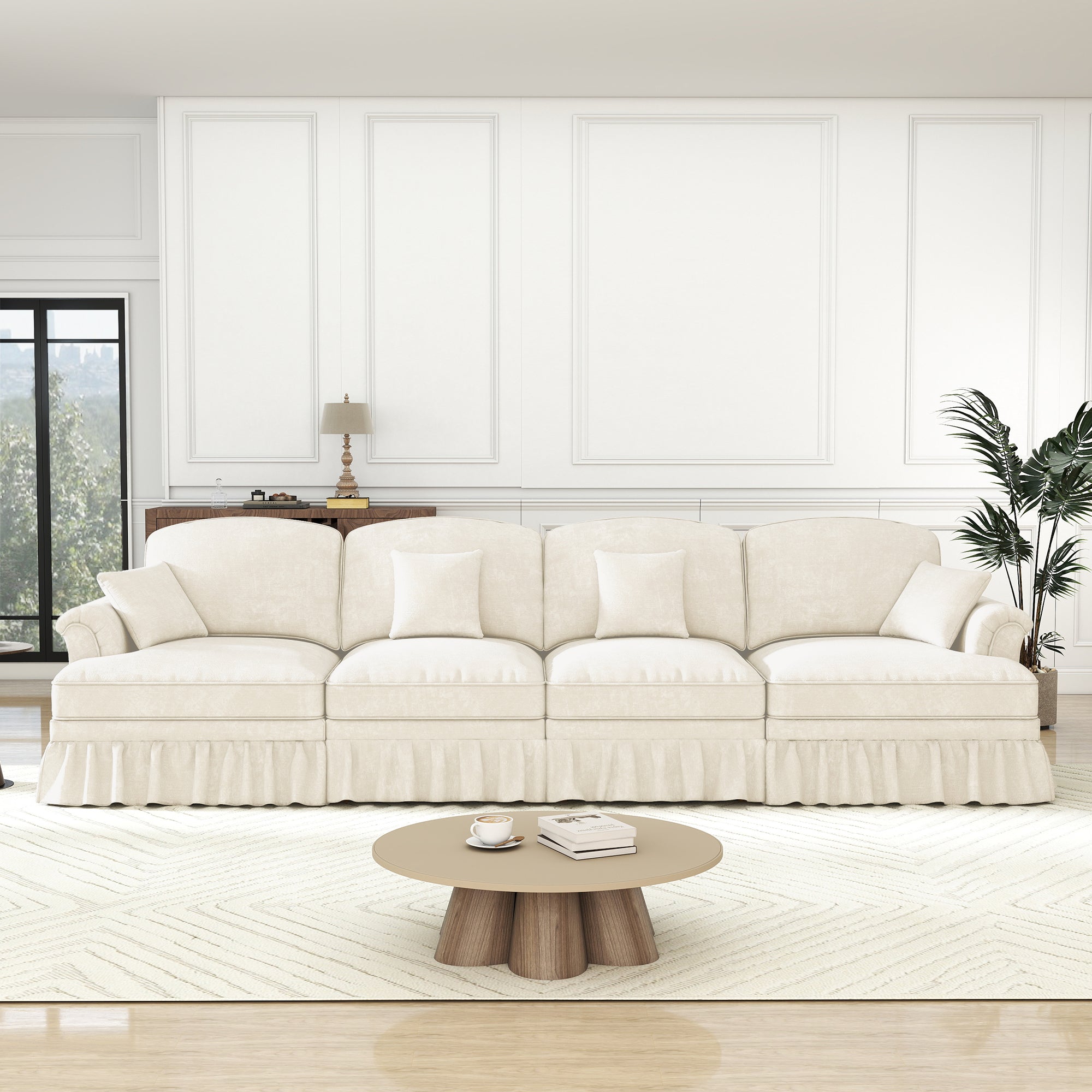 Elegant 4-Seater Sofa Mid-Century Ruffled Apron Spindle Legs - White Chenille