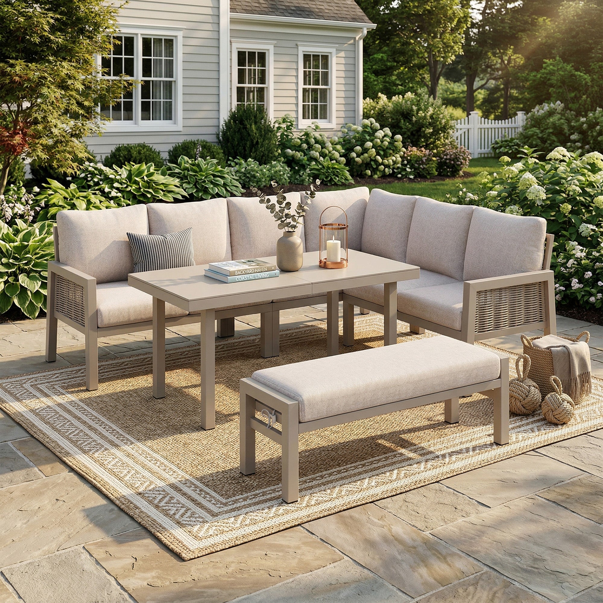 Garden Dining Set with Corner Sofa, Benches, and Glass Tabletop, 8-Person PE Rope and Galvanized Iron, Khaki