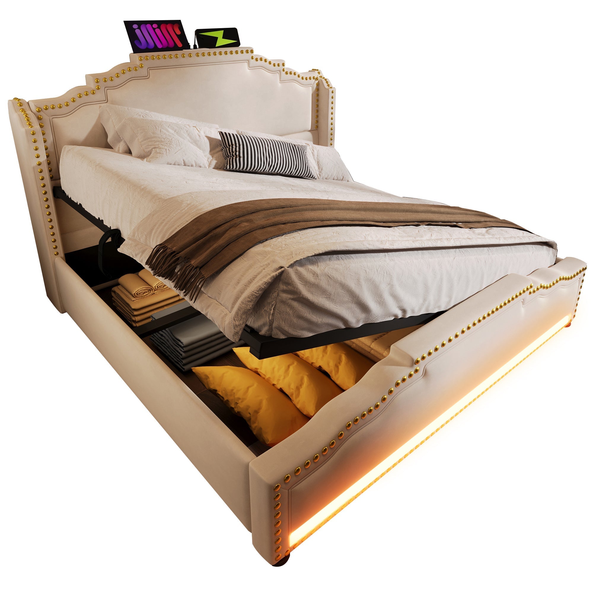 Upholstered Bed 140x200, Hydraulic Storage, LED, USB-C, Velvet Beige