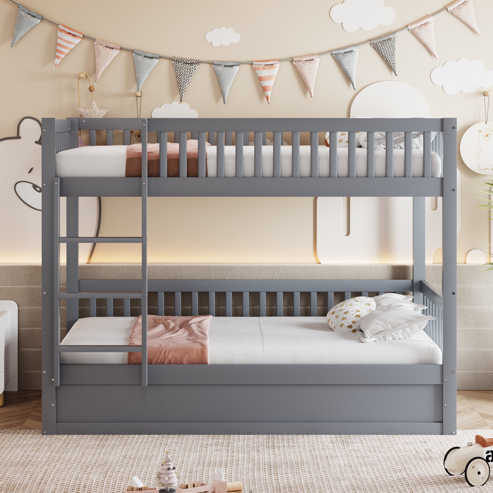 Children's Bunk Bed, 90x200 Hydraulic Storage System, Solid Wood Gray