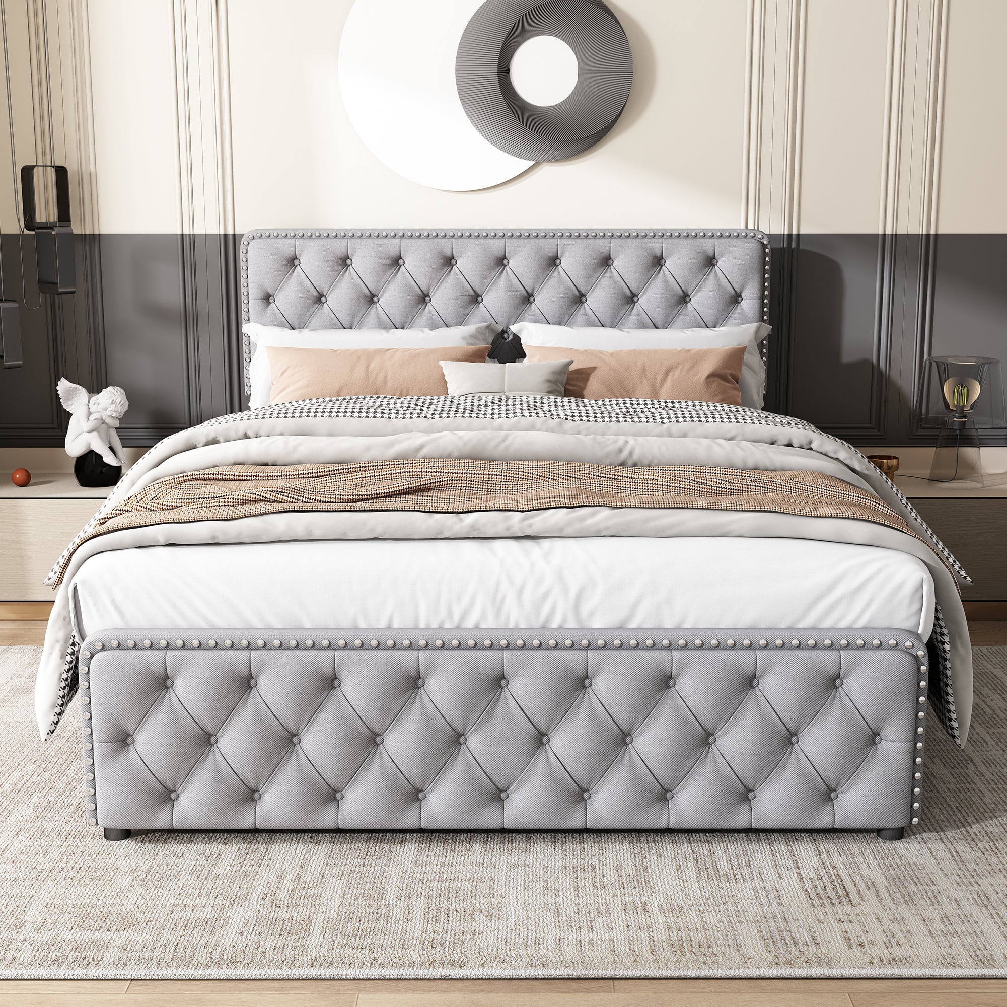Upholstered Double Bed with 4 Drawers and Height-Adjustable Headboard, 140x190cm, Light Grey Linen