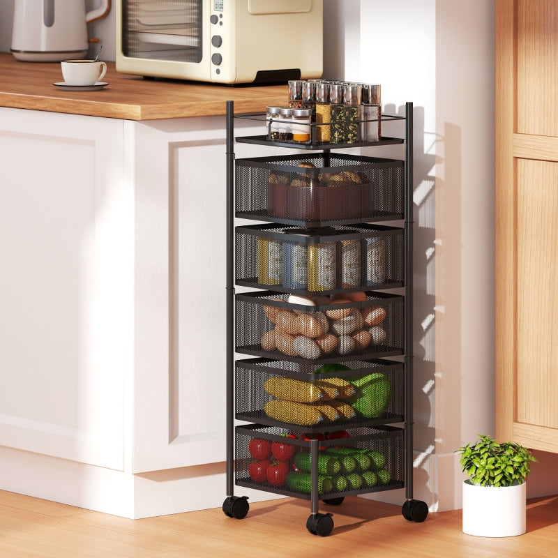 Kitchen Trolley with 5 Rotating Baskets and 4 Swivel Casters, Black Metal