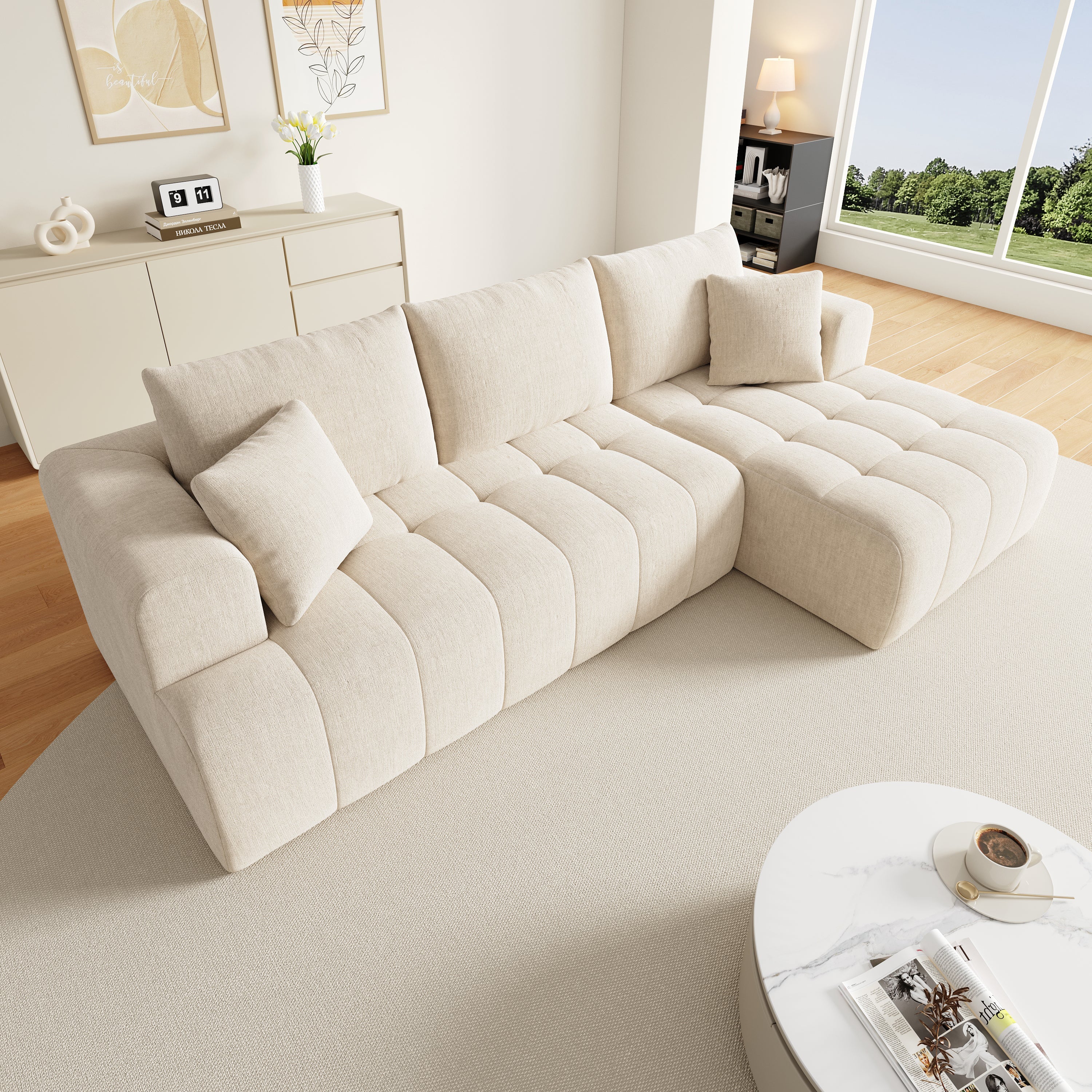 Cloud Modular L-Shaped Corner Sofa with Low-Profile Design, Beige Chenille