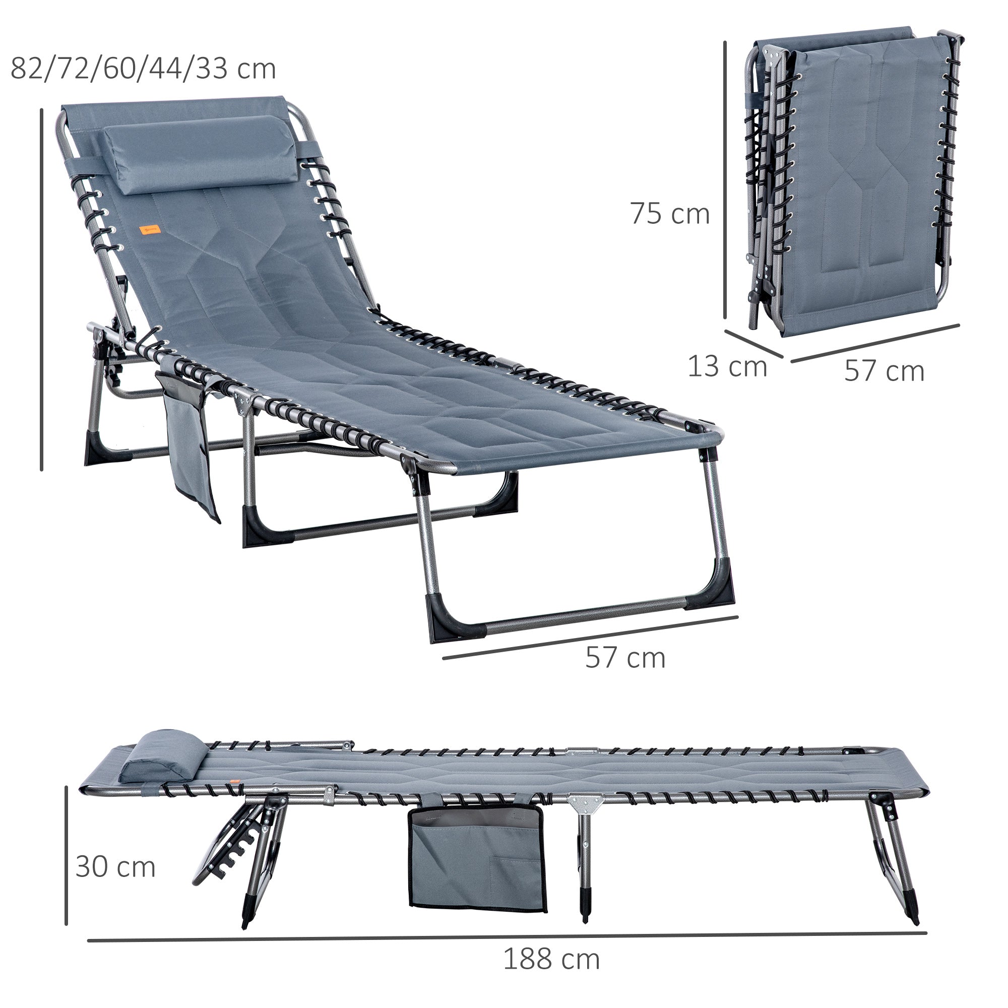 Sun Lounger, Foldable 5-Position Adjustable Backrest Weatherproof 130kg Max Load, Grey