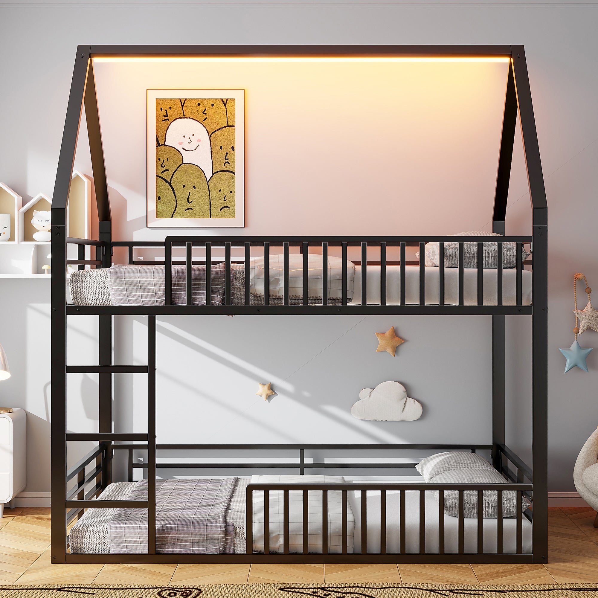 Bunk Bed 140x200 House Design Fence LED Light - Black