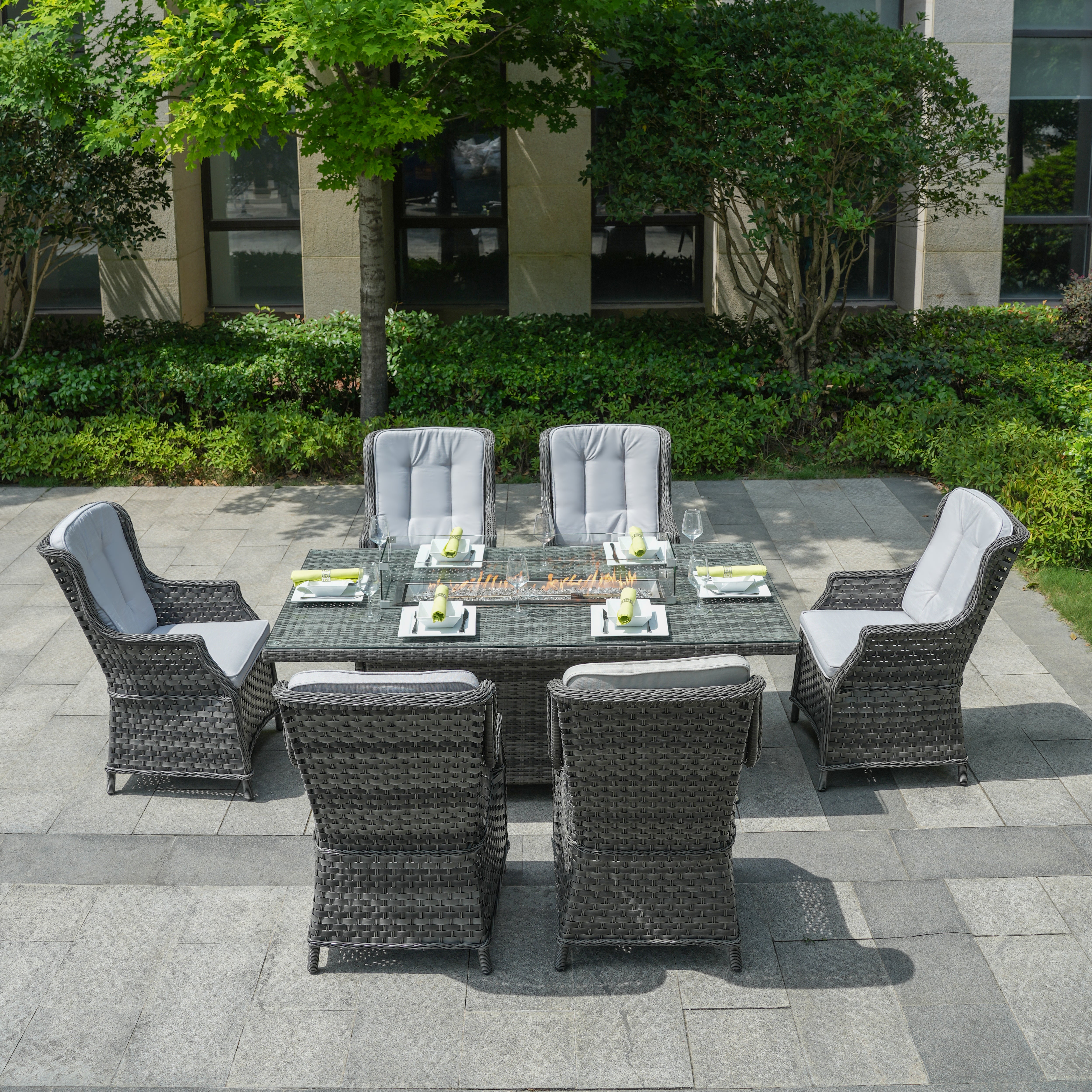 Ravenna - 6 Seater Set with Rectangular Firepit Table(Grey)