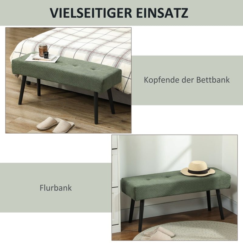 Upholstered bench with corduroy cover, metal legs, 100 x 36 x 45 cm, green