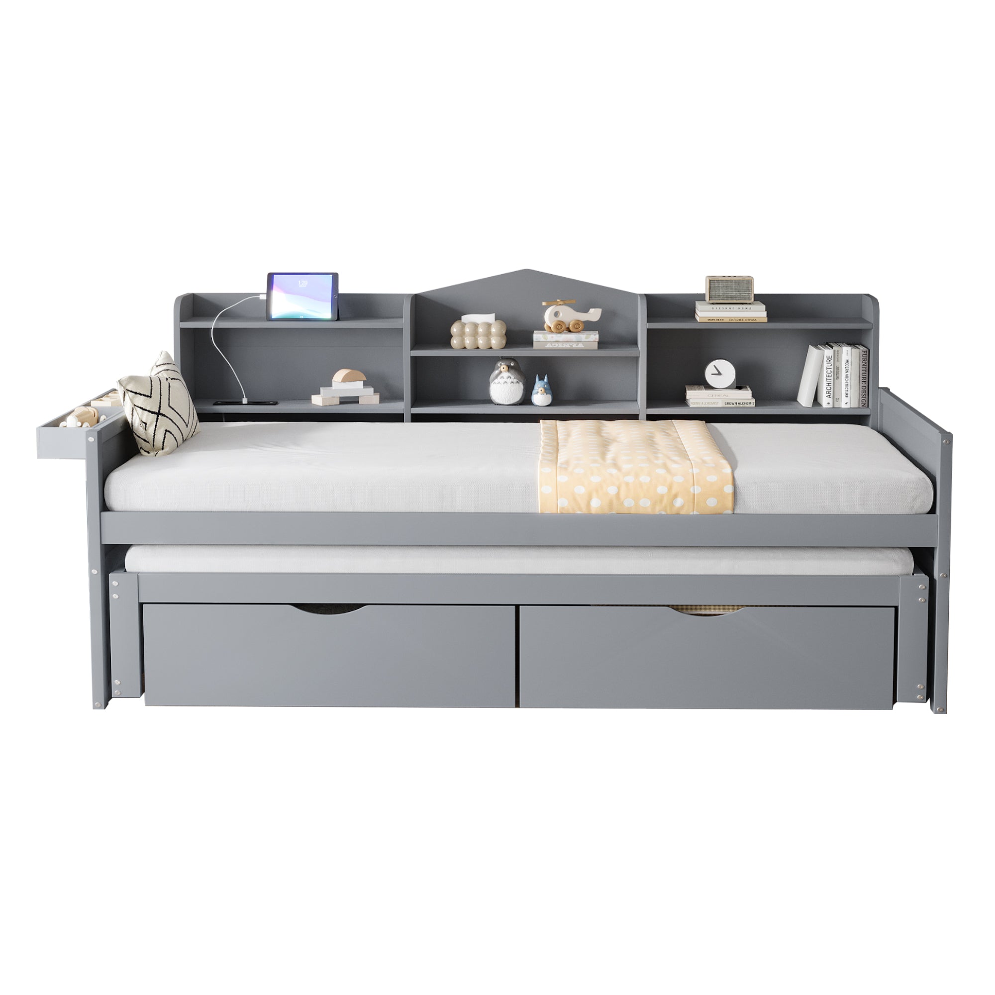 Sofa bed 90*200 with Pull-Out Bed, Drawers & USB Socket, Wood, Gray