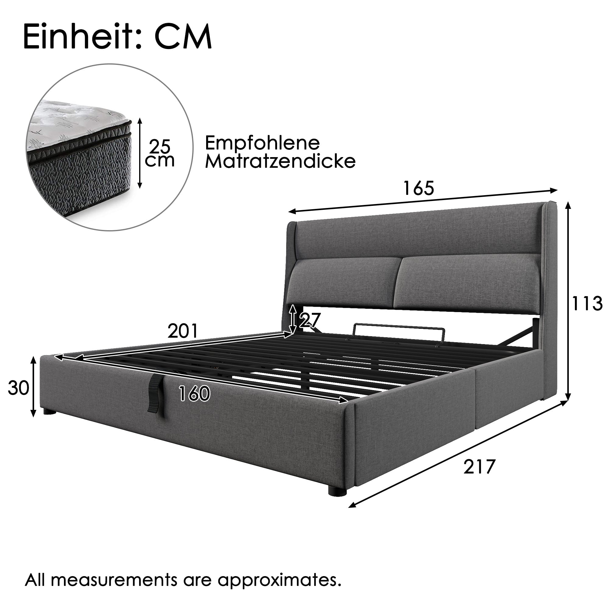 Upholstered Double Bed 160x200cm Hydraulic Storage Adjustable Headrests Linen Grey