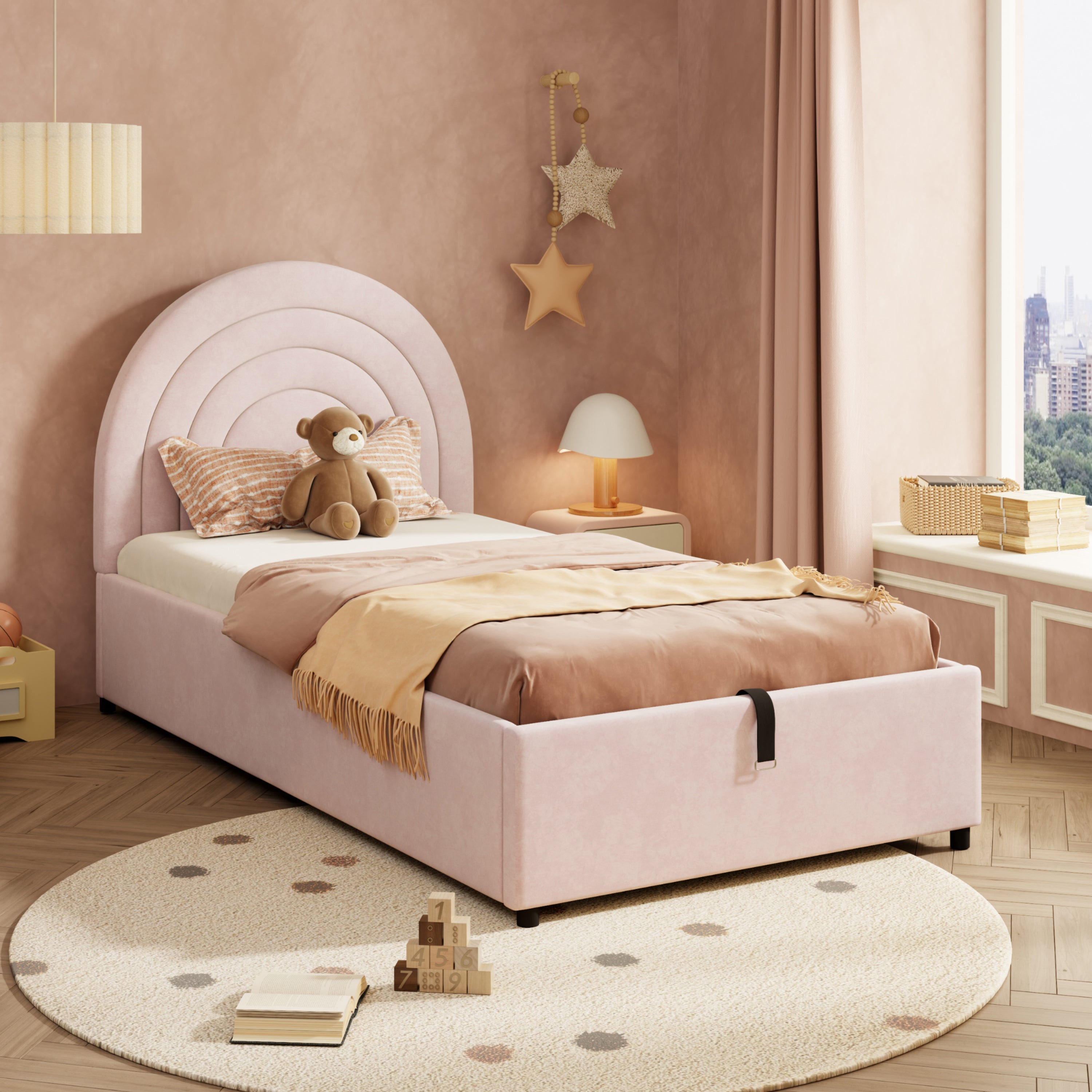 Upholstered Bed 3ft 90*190 Single Bed with Slatted Frame and Headboard, Velvet Pink
