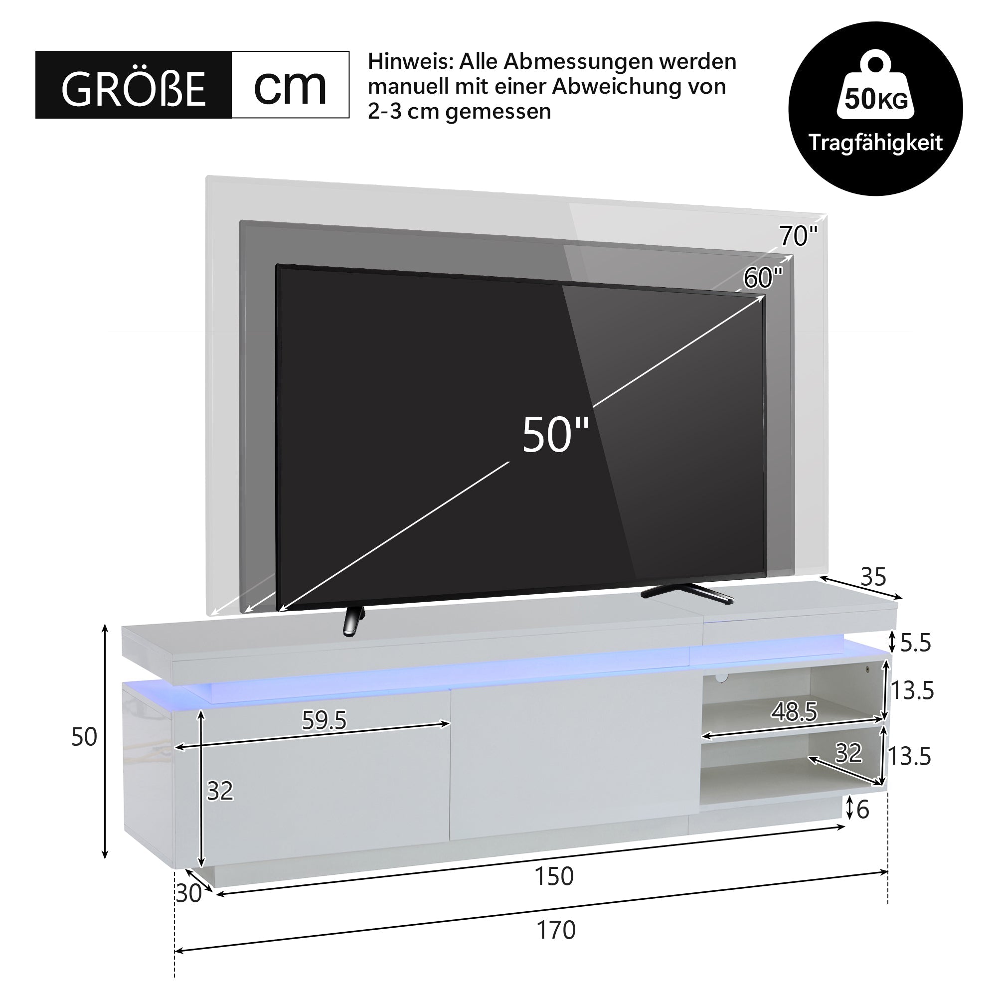 Lowboard TV Cabinet, 70-inch, High-Gloss LED, White