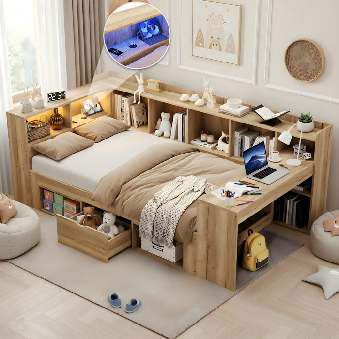 L-Shaped Wooden Platform Bed with LED, USB, Desk, Shelves and Drawers, 90x200cm, Natural Color