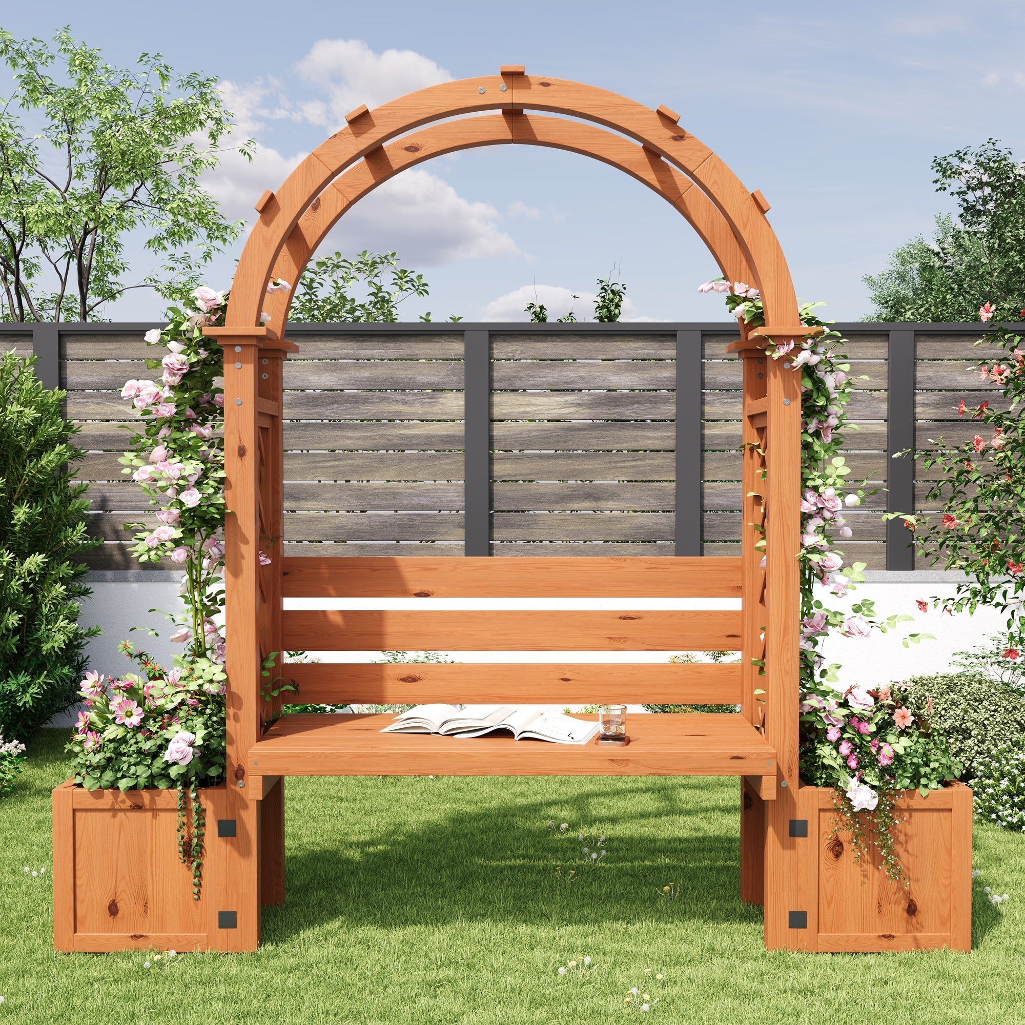 Planter Box with Trellis and Bench for Garden and Yard, Natural Wood