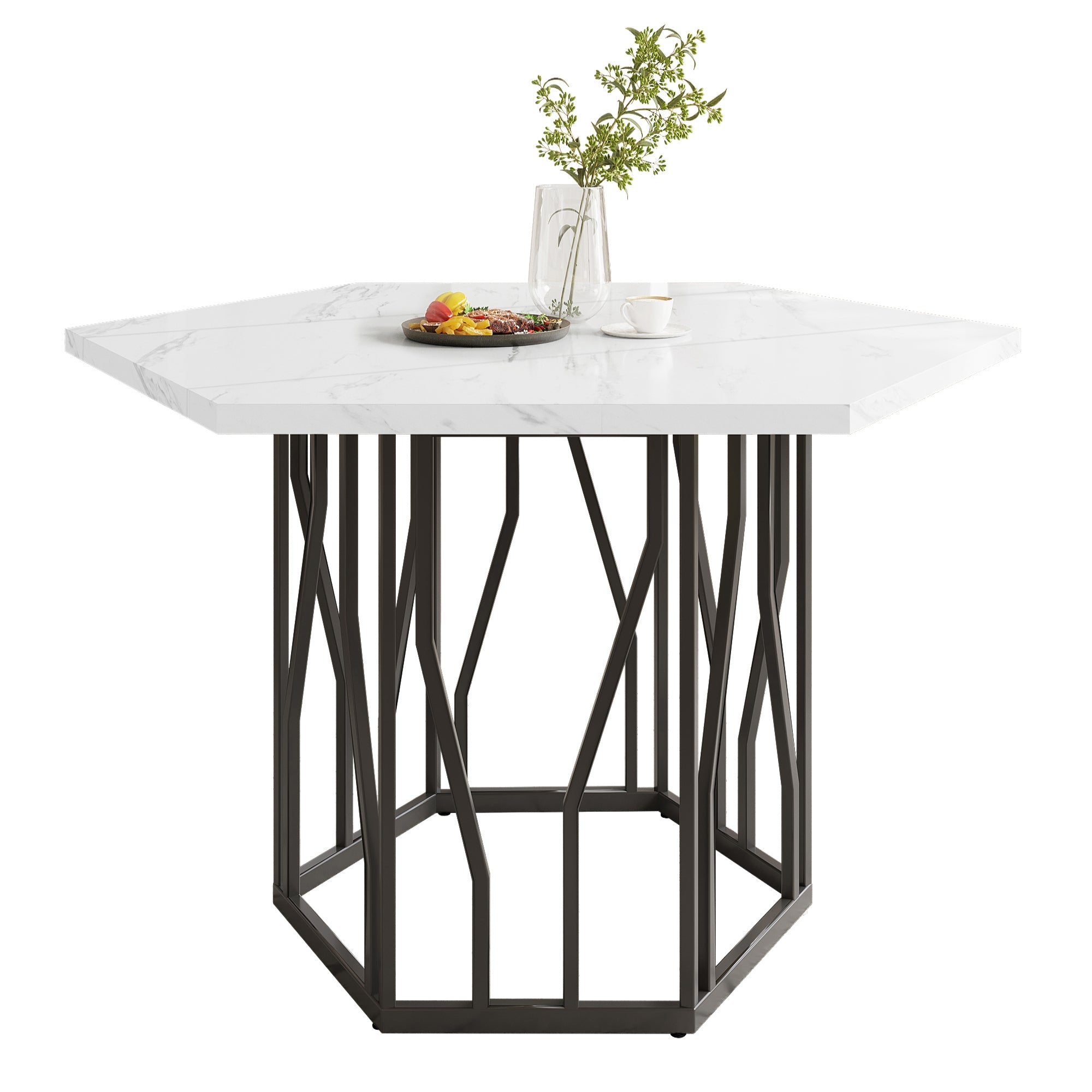 5-Piece Dining Set, Modern Hexagonal Marble Table with 4 Chairs, Black Velvet