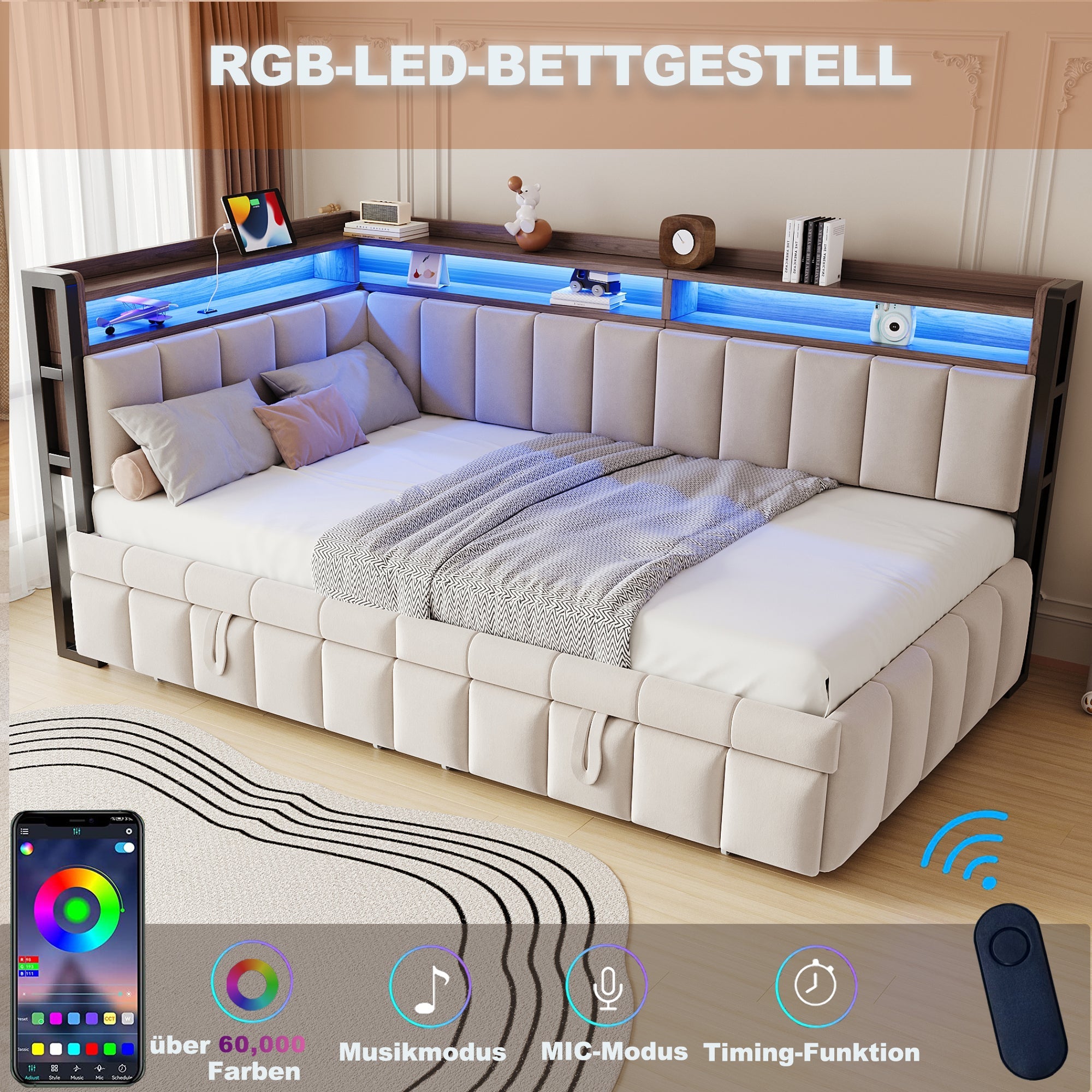 Upholstered Sofa Bed with Pull-out Bed, LED Lighting, Storage and USB Ports, 90x200cm, Beige Velvet