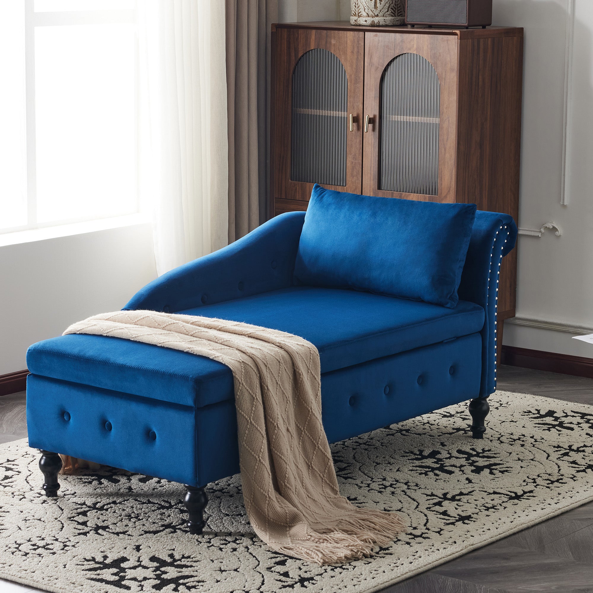 Velvet Chaise Lounge Sofa with Storage, Upholstered with Pillow, Modern Nailhead-Trim & Button-tufted, Right Armrest