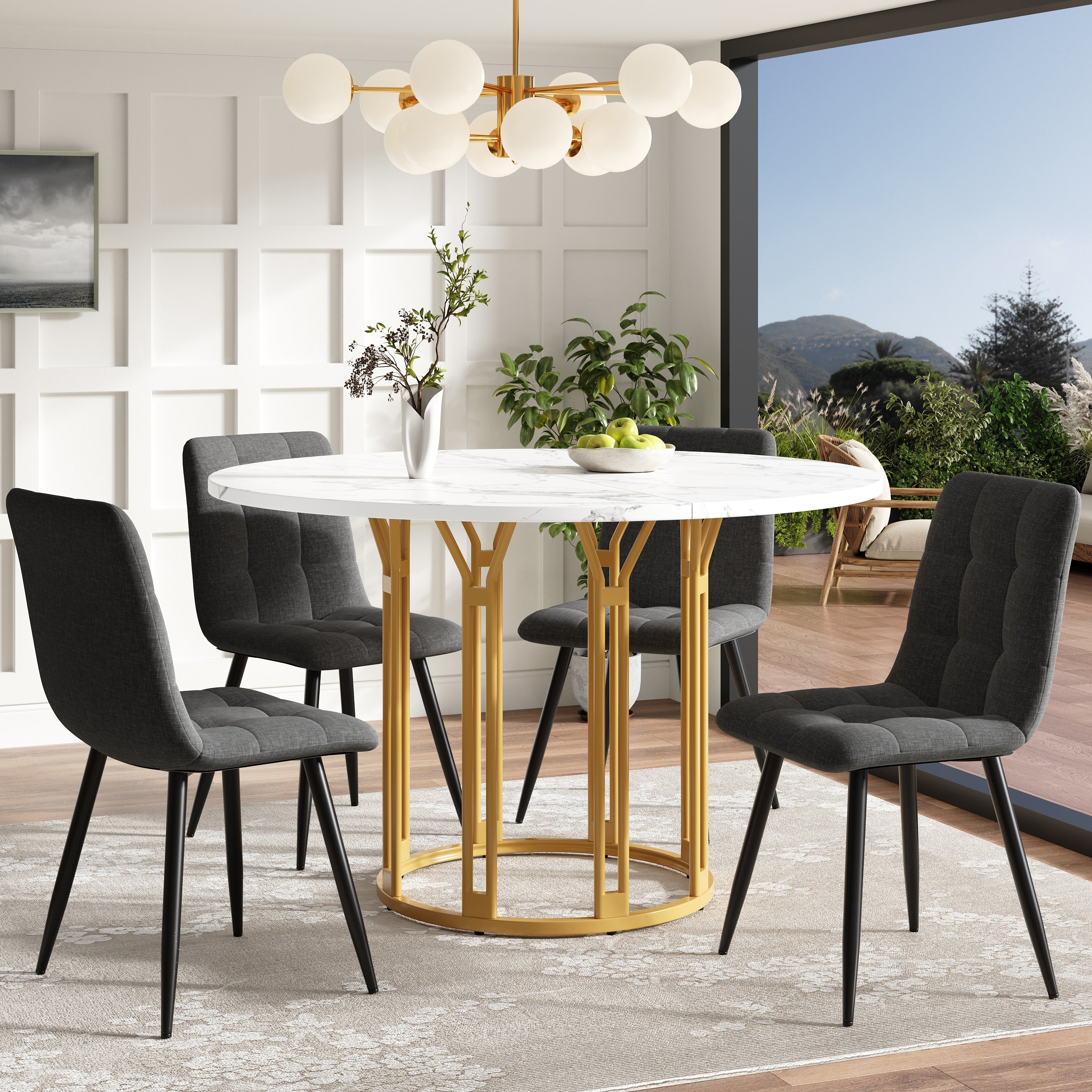 Dining Table Set 5-Piece Round Marble Top 4 Chairs Linen Bench - Grey