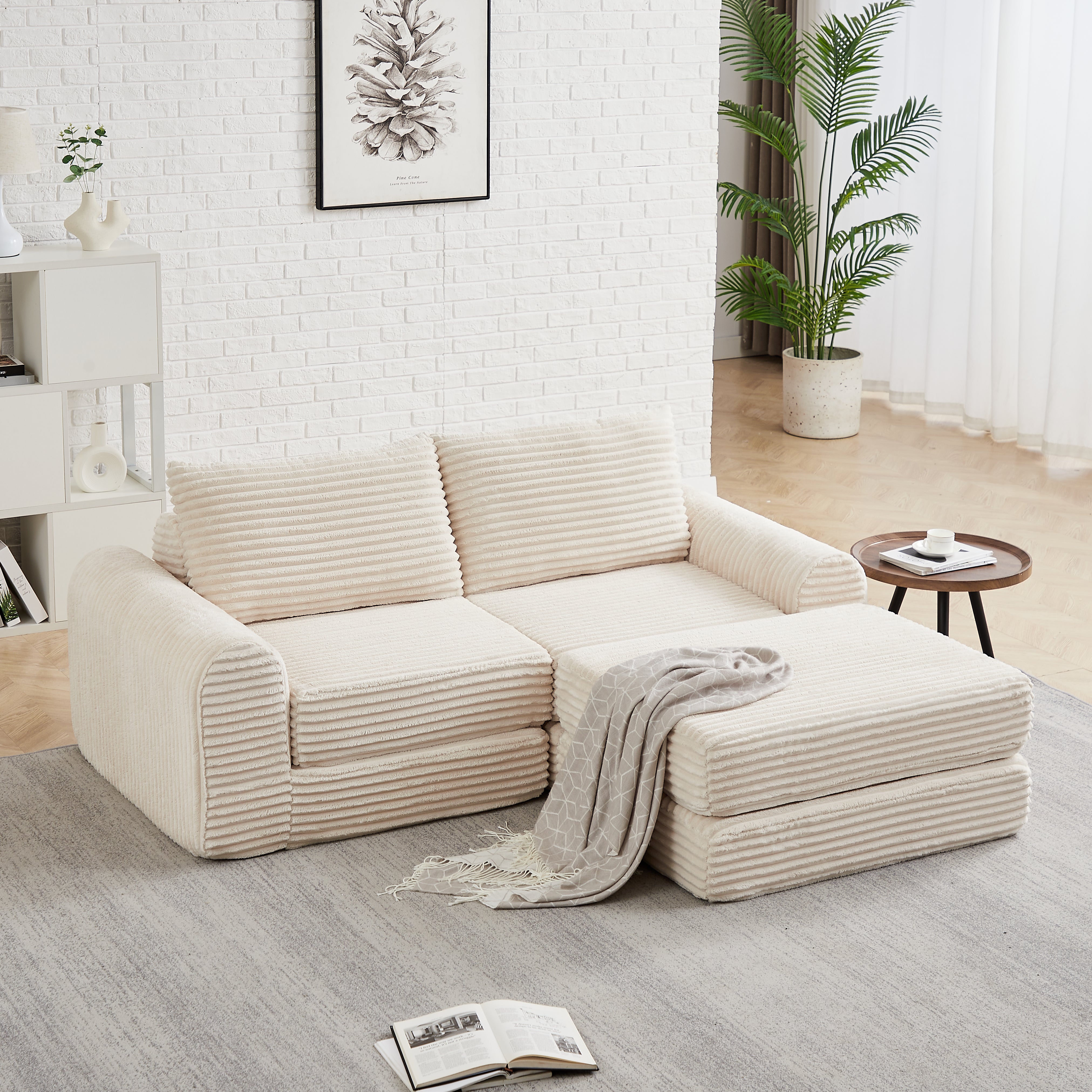 Sofa Bed 2-in-1 Modular, Removable Footstool, Curved Armrests - Corduroy