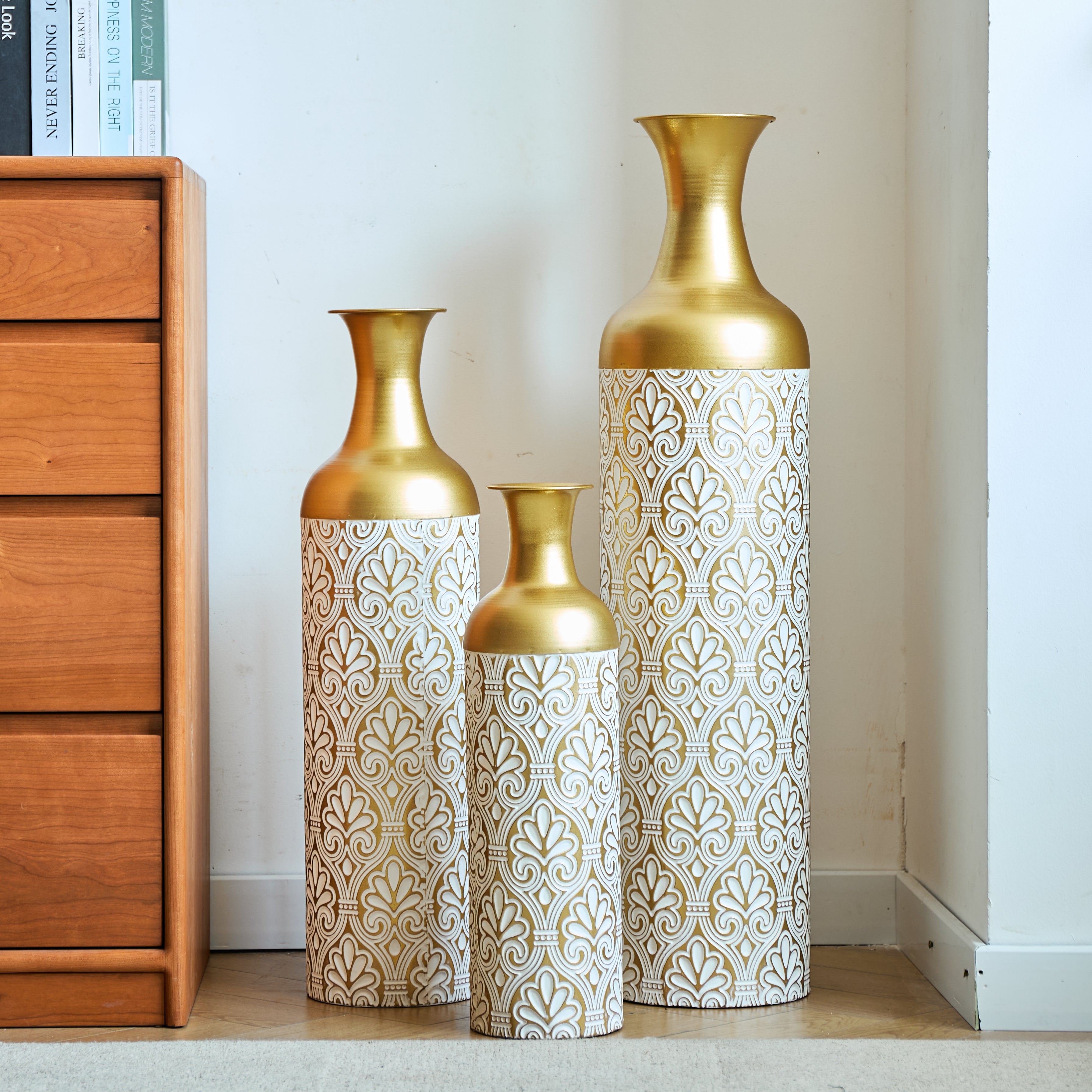 Floor Vase Set 3 Large Decorative 83/65/50cm High White Gold Metal