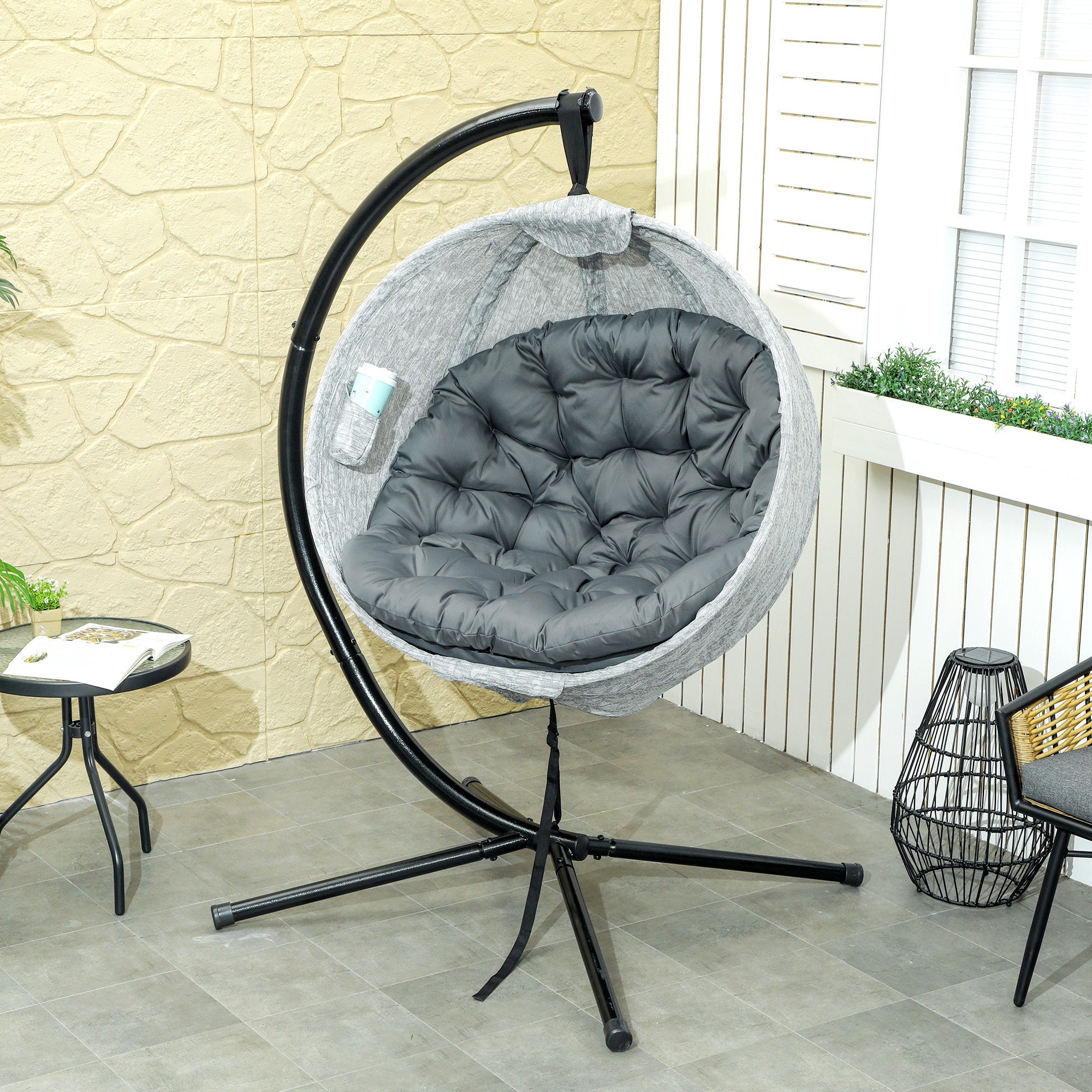 Hanging Egg Chair with Stand, Folding Basket & Cup Holder, Grey
