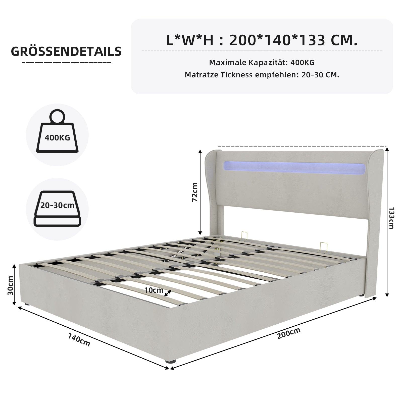 Modern Minimalist Upholstered Bed with LED Headboard, 140x200 cm, Beige