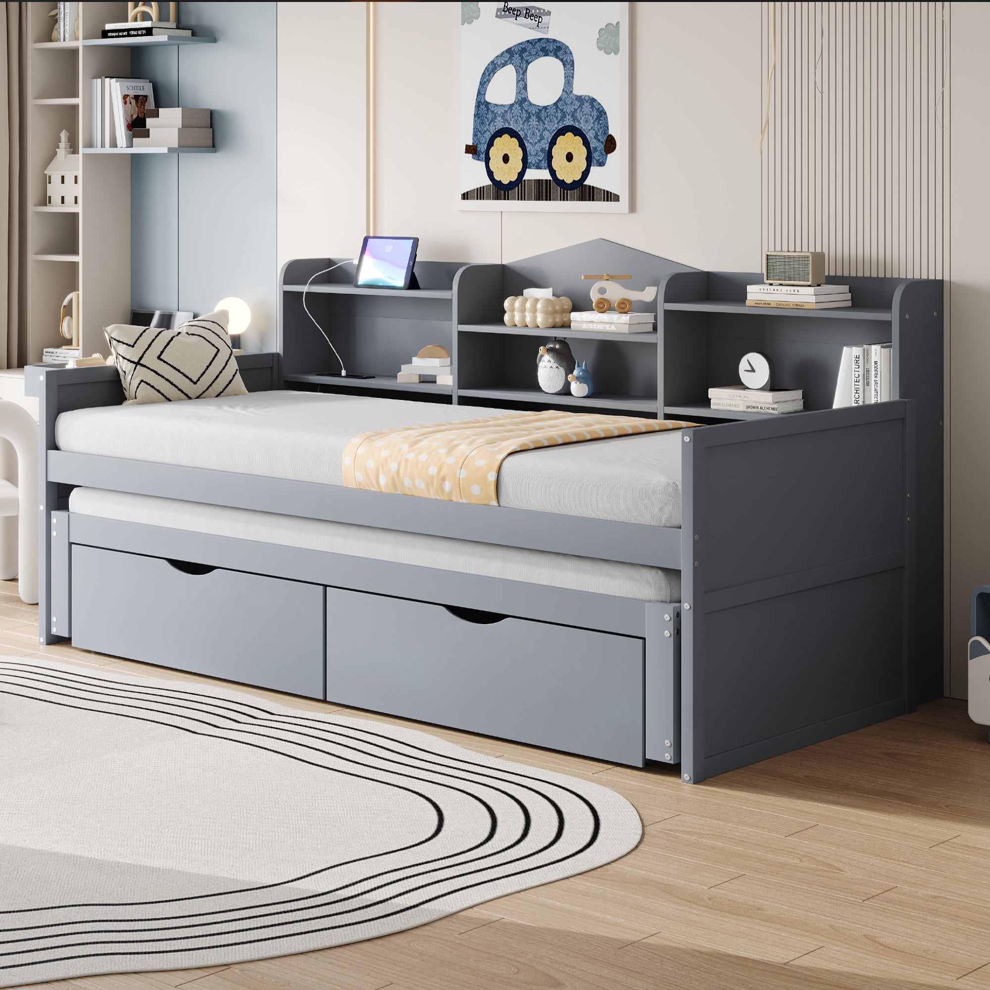 Sofa bed 90*200 with Pull-Out Bed, Drawers & USB Socket, Wood, Gray