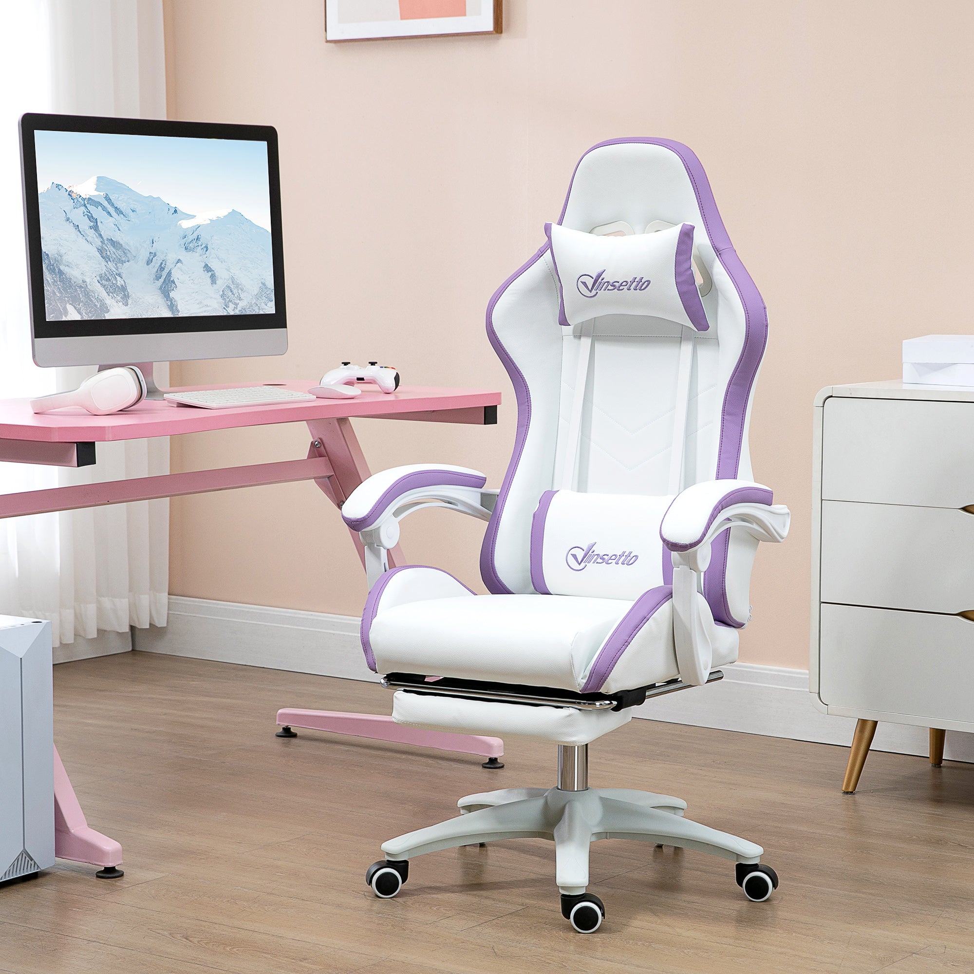 Computer Gaming Chair with Footrest, 135° Reclining Back, Lumbar Support, PU Leather, White and Purple
