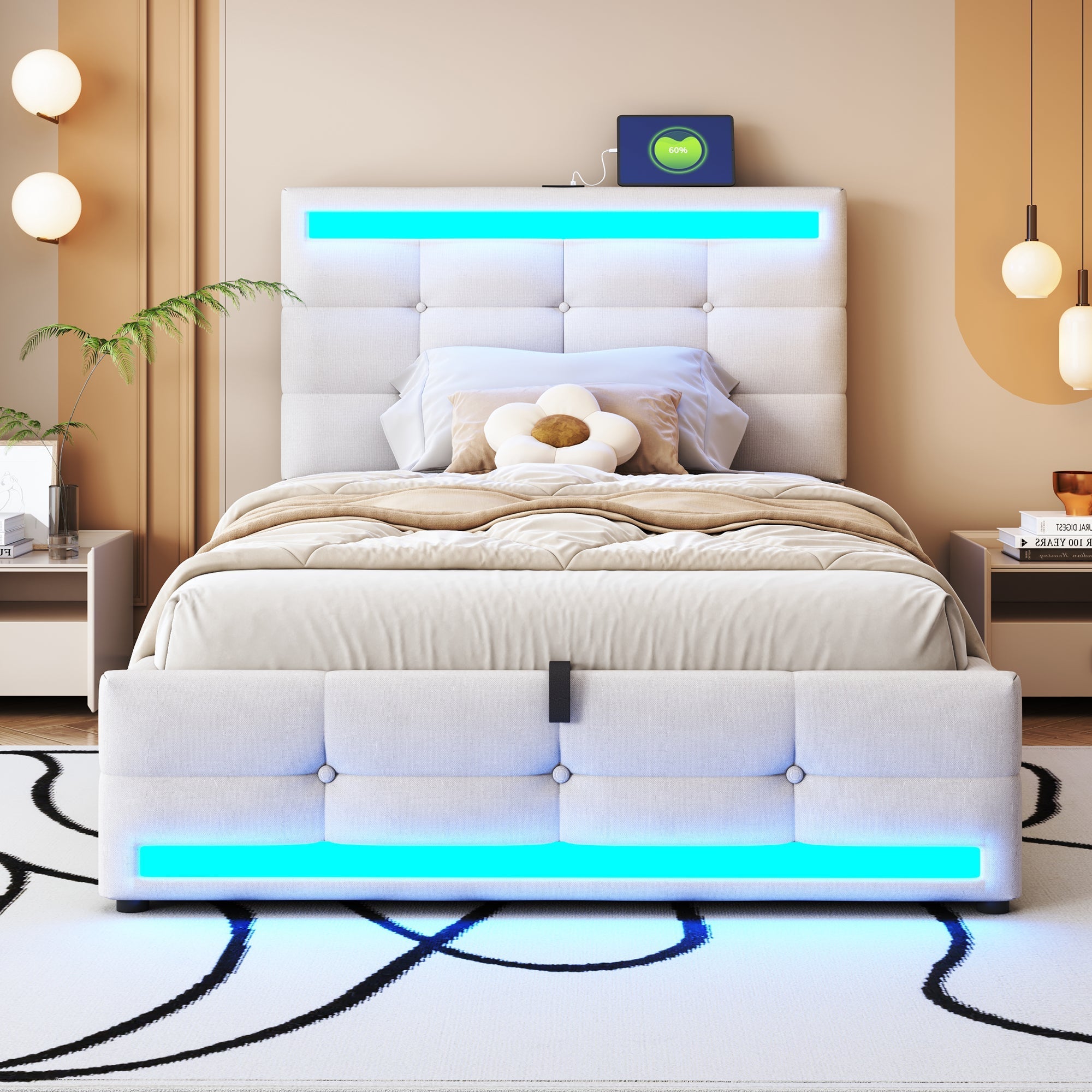 Upholstered Bed 90x200 Hydraulic Storage USB LED Light Strip, Beige Linen
