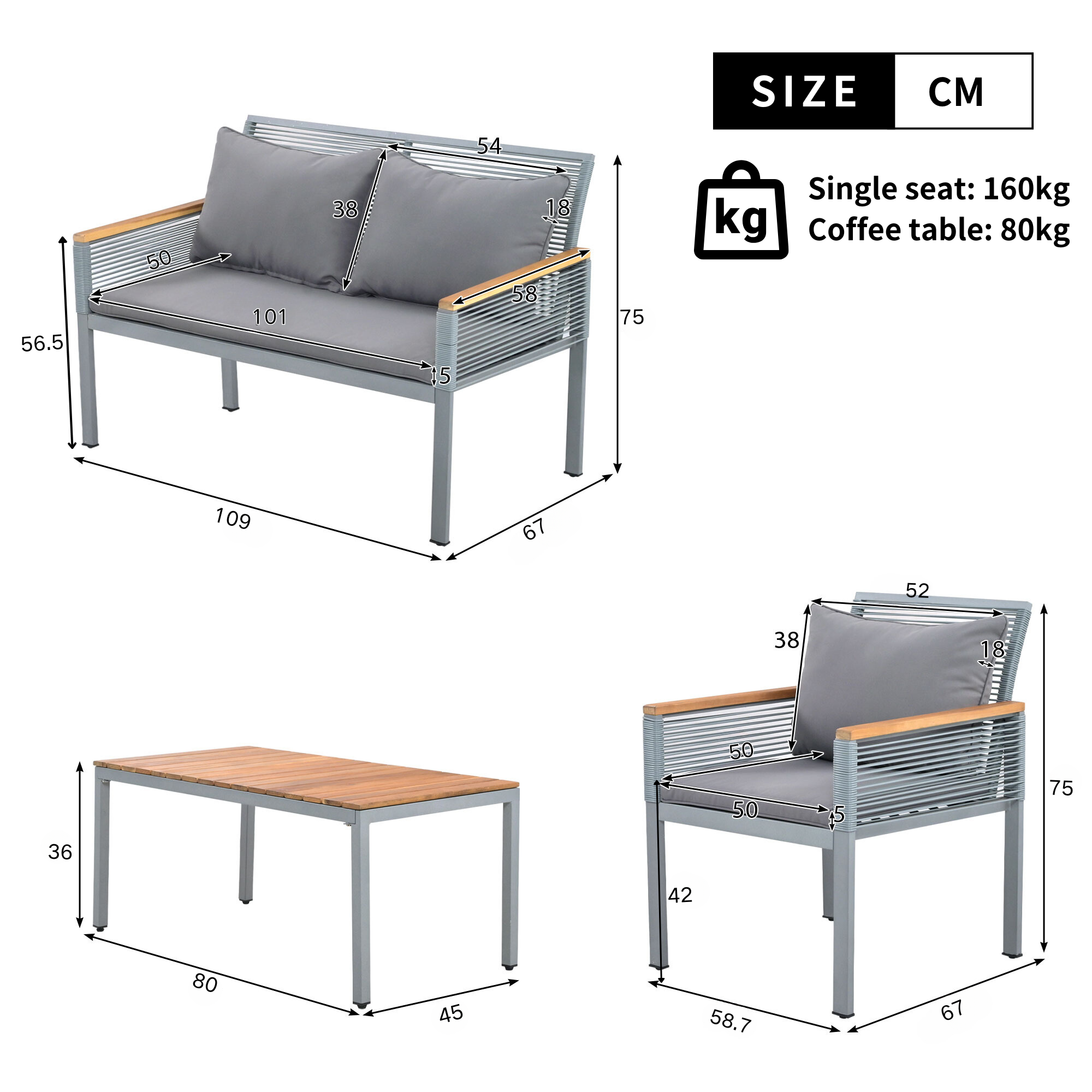Garden Lounge Set with Comfortable Cushions, Double Sofa, 2 Armchairs and Table, Rattan, Grey