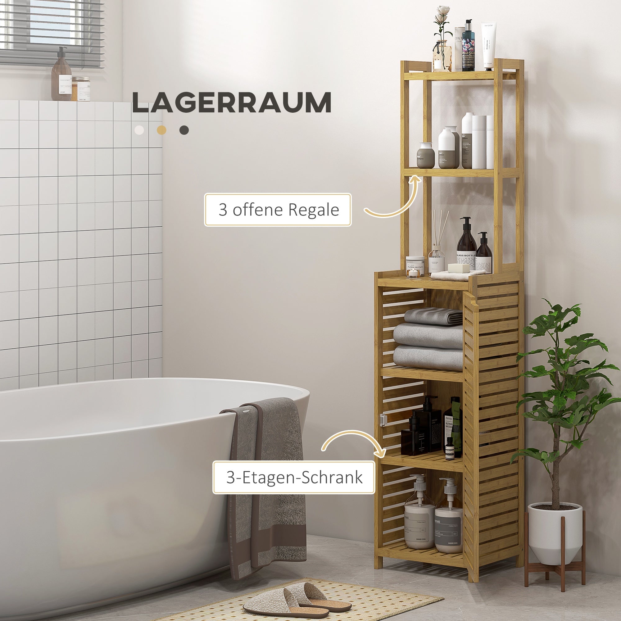 Bathroom Cabinet Bamboo, Cupboard 3 Open Shelves Anti-Tip, Natural Wood