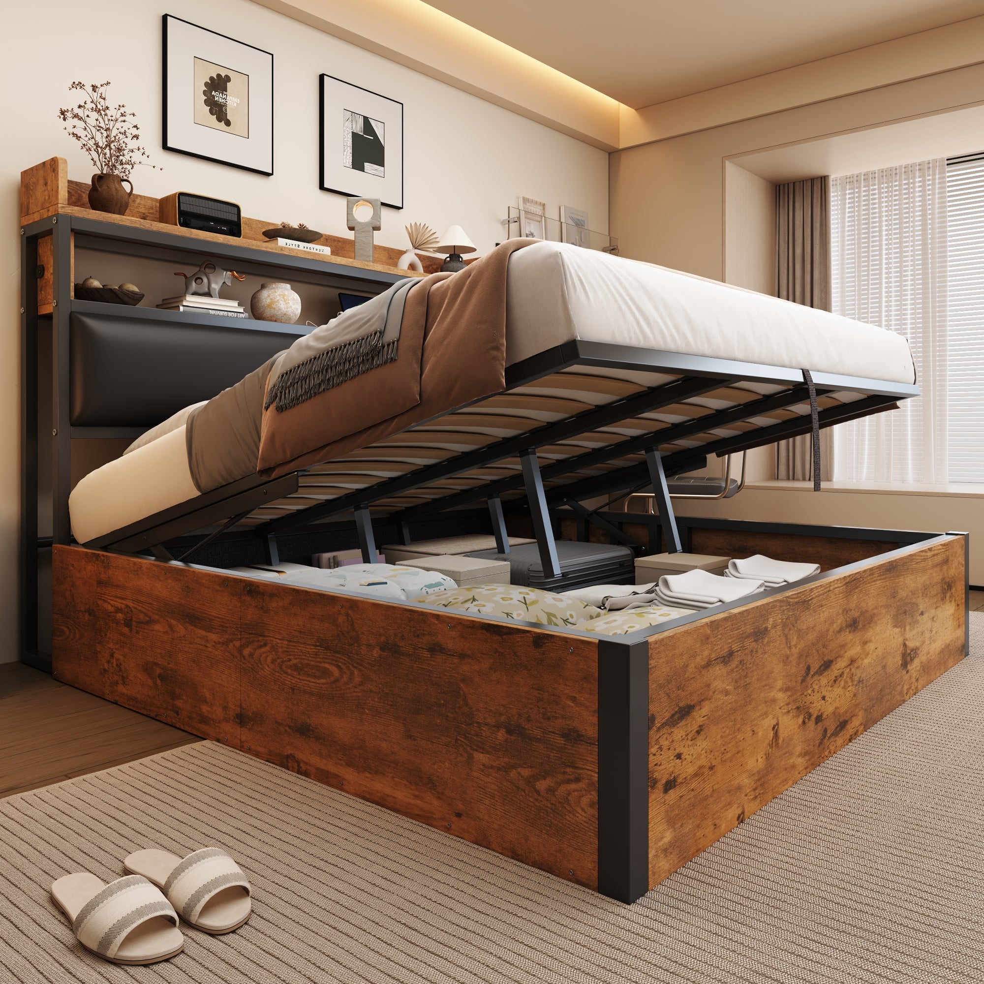 Bed Frame, 180x200, Hydraulic Lift, USB, Upholstered Headboard, Wood & Metal, Black